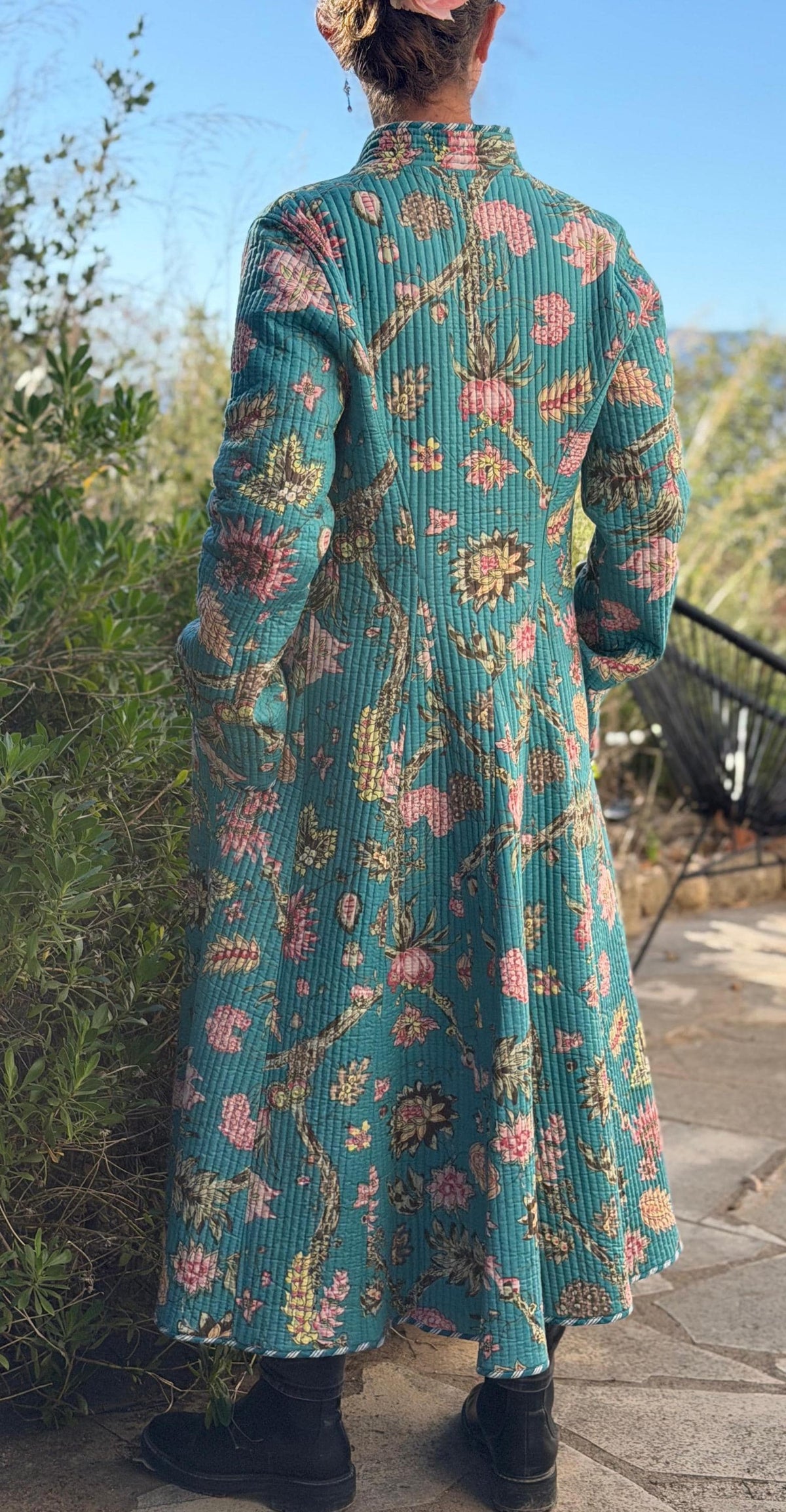 Quilted hydrangea coat with turquoise lining