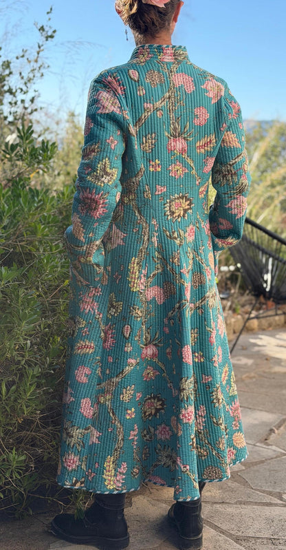 Quilted hydrangea coat with turquoise lining