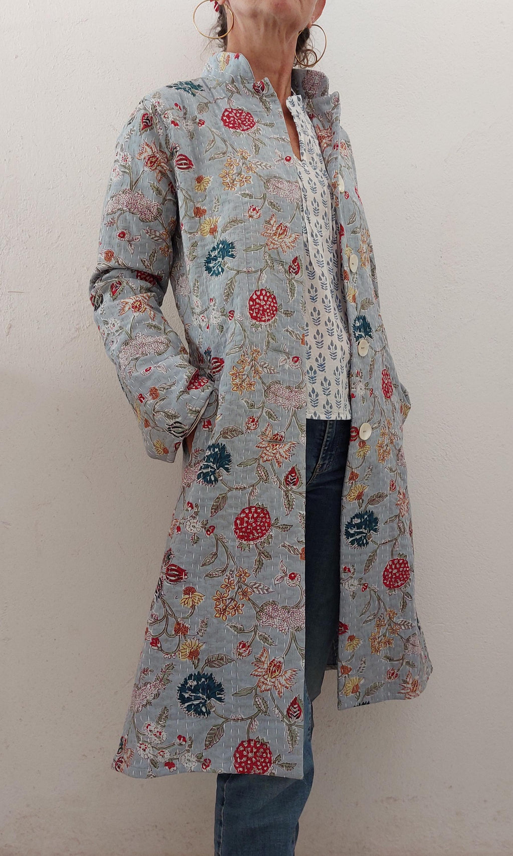 frock coat in cotton not quilted, mid-season jacket, blue-grey color and multicolor floral print, boheme and chic outfit, limited series