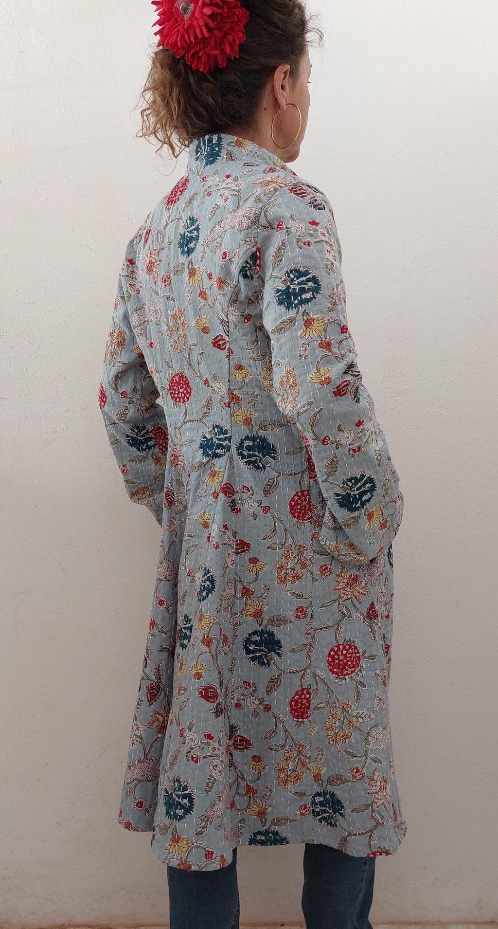 frock coat in cotton not quilted, mid-season jacket, blue-grey color and multicolor floral print, boheme and chic outfit, limited series