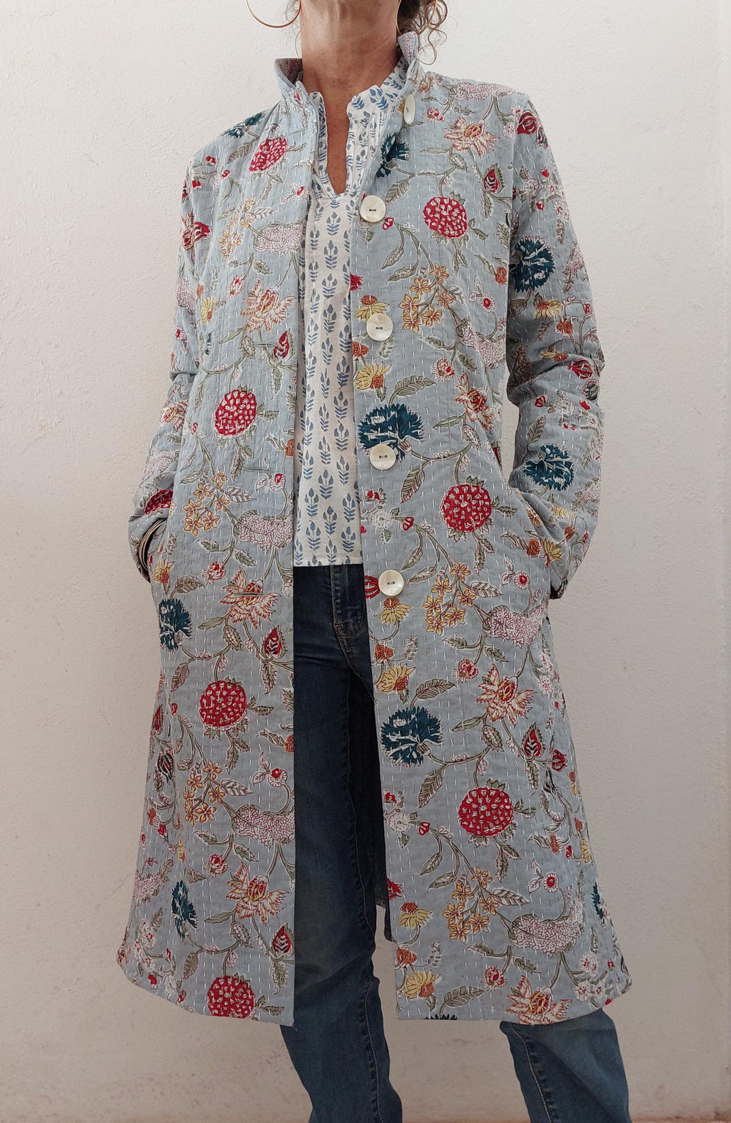 frock coat in cotton not quilted, mid-season jacket, blue-grey color and multicolor floral print, boheme and chic outfit, limited series