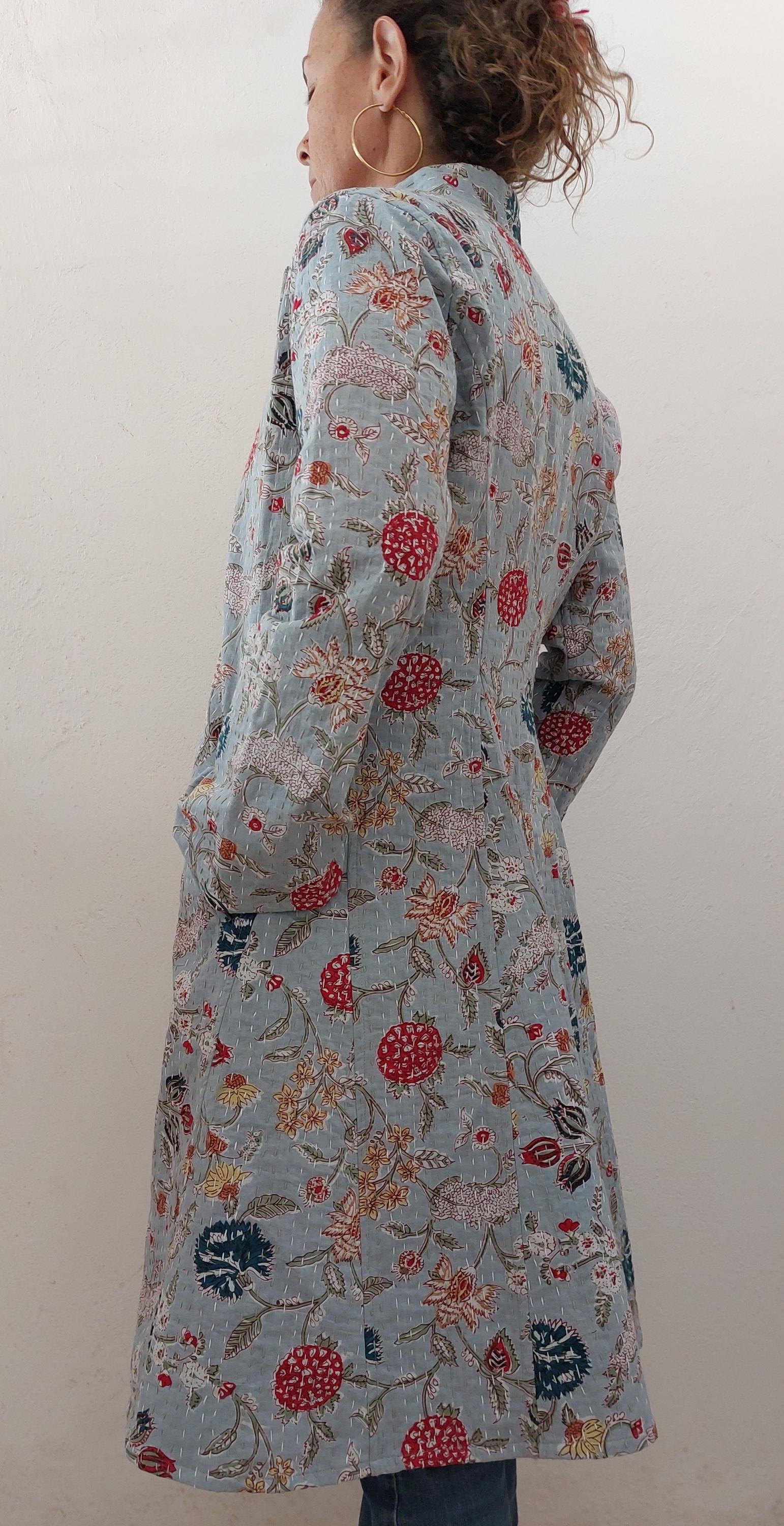 frock coat in cotton not quilted, mid-season jacket, blue-grey color and multicolor floral print, boheme and chic outfit, limited series