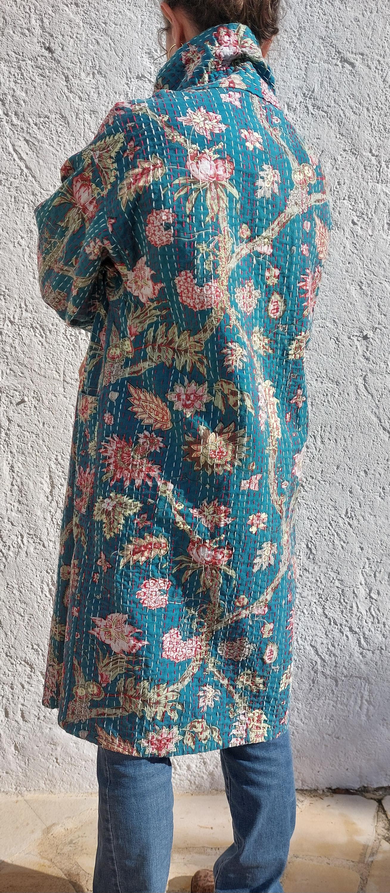 long oversize jacket in cotton not quilted,one of a kind piece,teal color and hydrangea print,bohochic jacket,large collar,larges sleeves