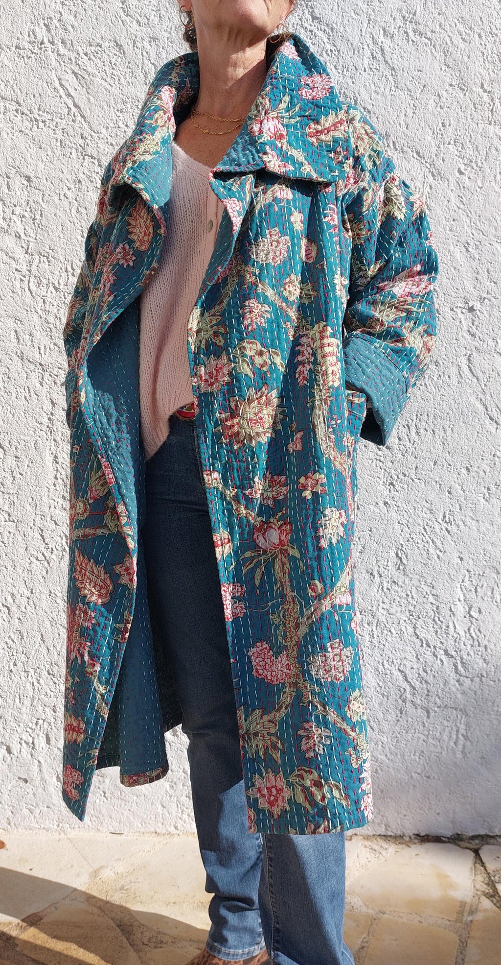 long oversize jacket in cotton not quilted,one of a kind piece,teal color and hydrangea print,bohochic jacket,large collar,larges sleeves