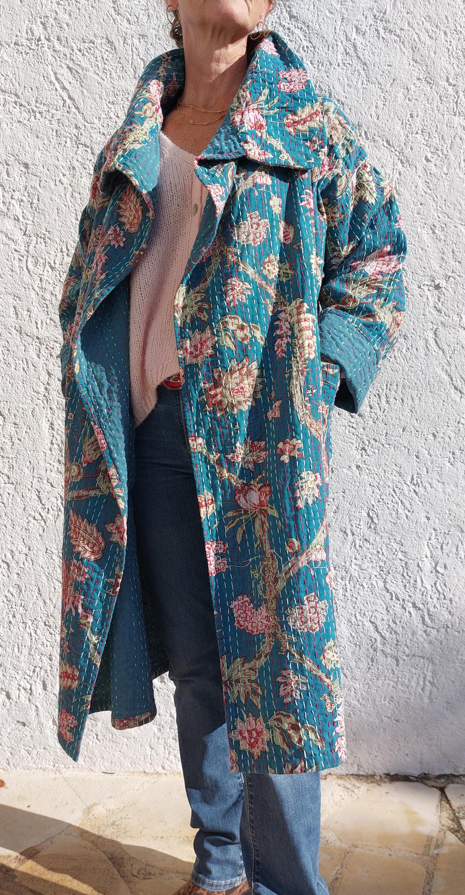 long oversize jacket in cotton not quilted,one of a kind piece,teal color and hydrangea print,bohochic jacket,large collar,larges sleeves