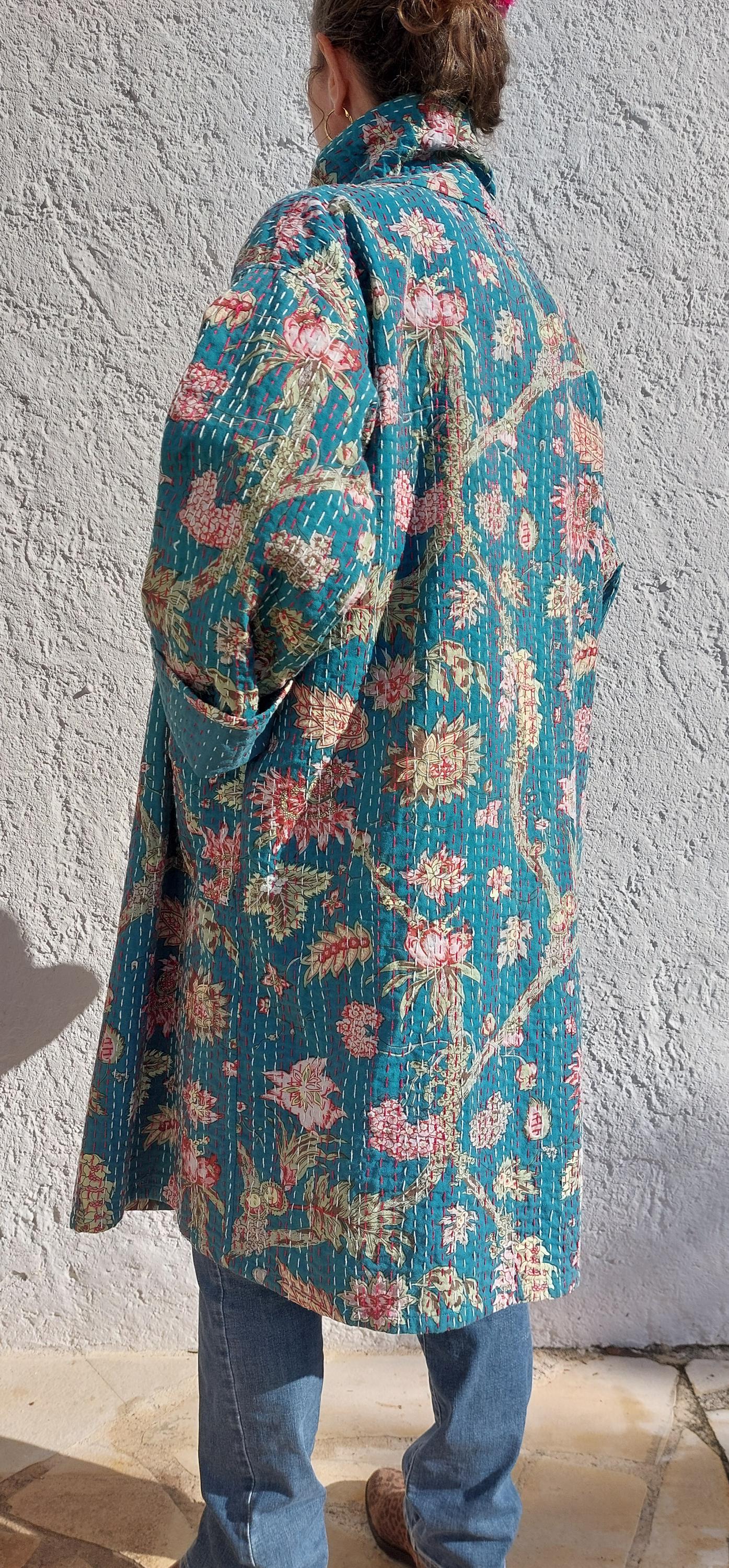 long oversize jacket in cotton not quilted,one of a kind piece,teal color and hydrangea print,bohochic jacket,large collar,larges sleeves
