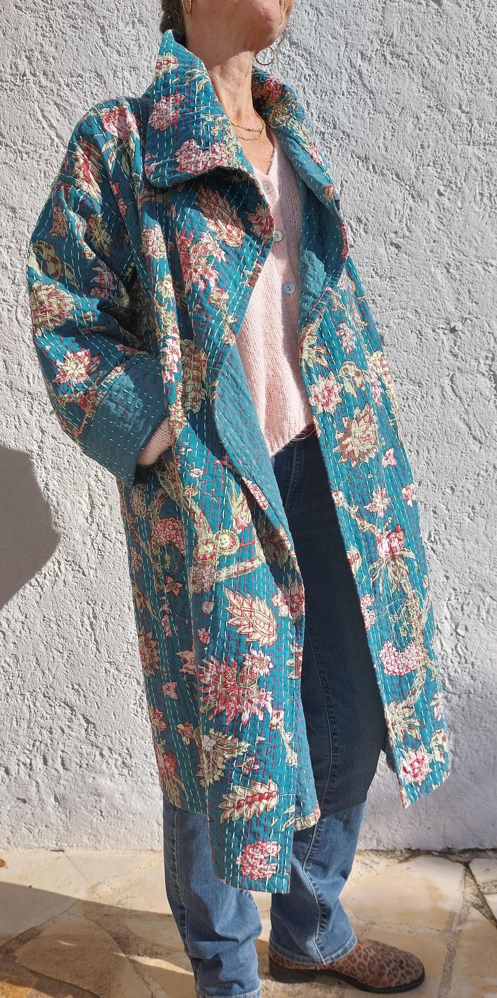 long oversize jacket in cotton not quilted,one of a kind piece,teal color and hydrangea print,bohochic jacket,large collar,larges sleeves