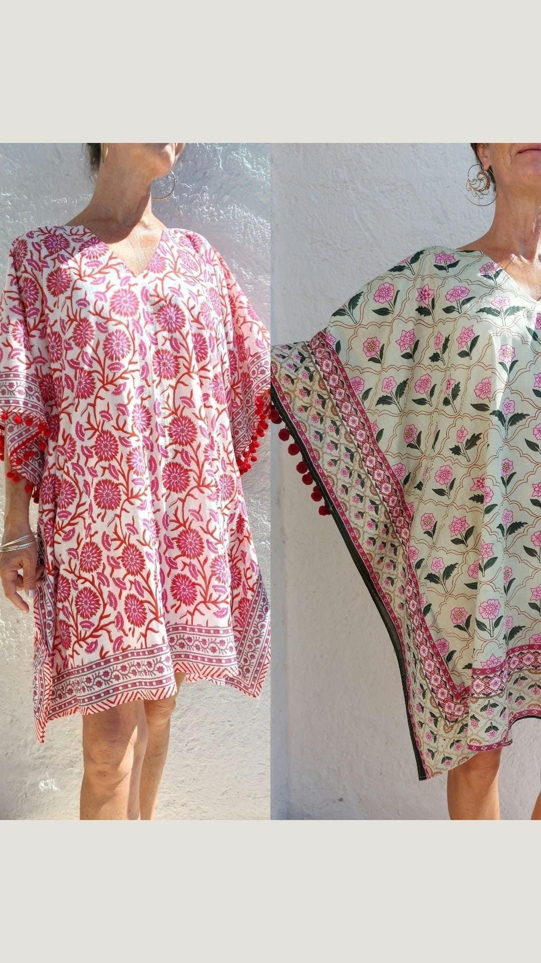 short kaftan in soft cotton, beach outfit,boho chic summer wear,pool party cover-up,hippie chic poncho,V neckline,finishing pompons.