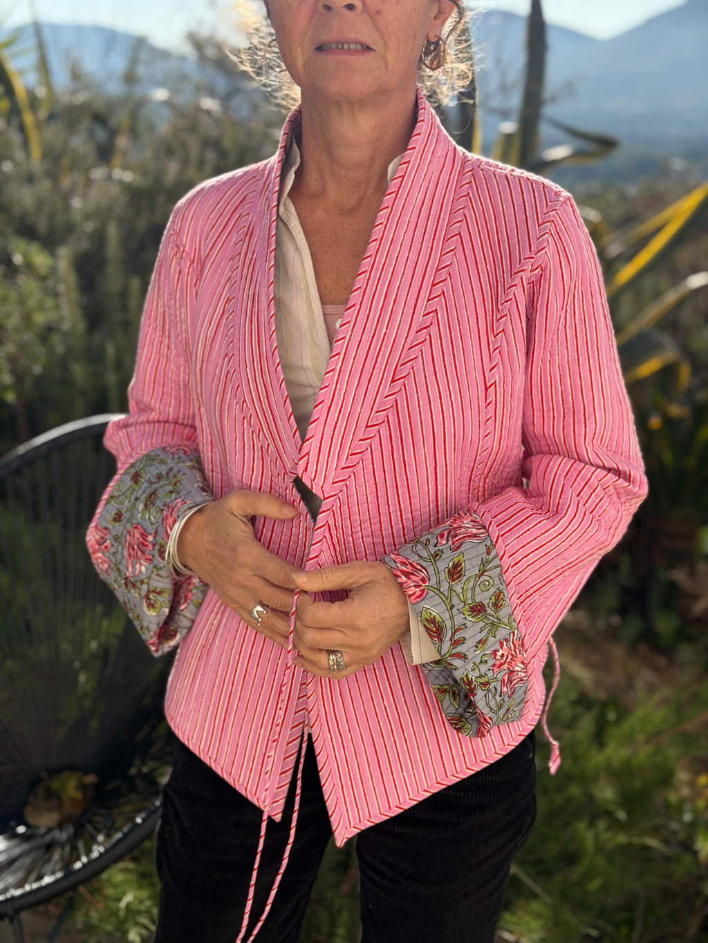 winter reversible crossed jacket in quilted cotton, grey and pink colors print and pink stripes,hippiechic crossed outerwear,flared sleeves