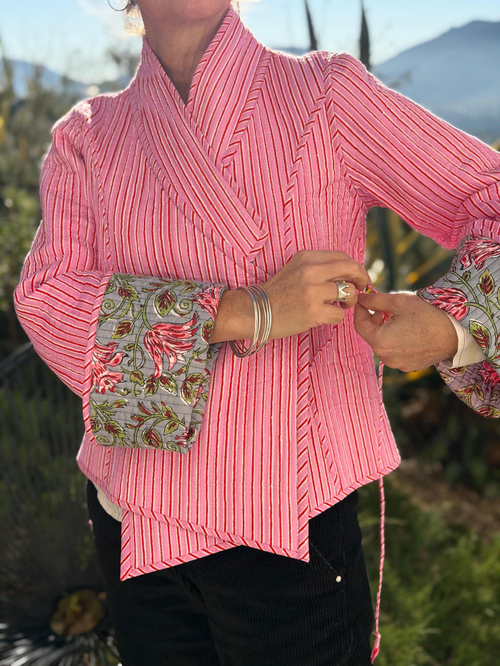 winter reversible crossed jacket in quilted cotton, grey and pink colors print and pink stripes,hippiechic crossed outerwear,flared sleeves