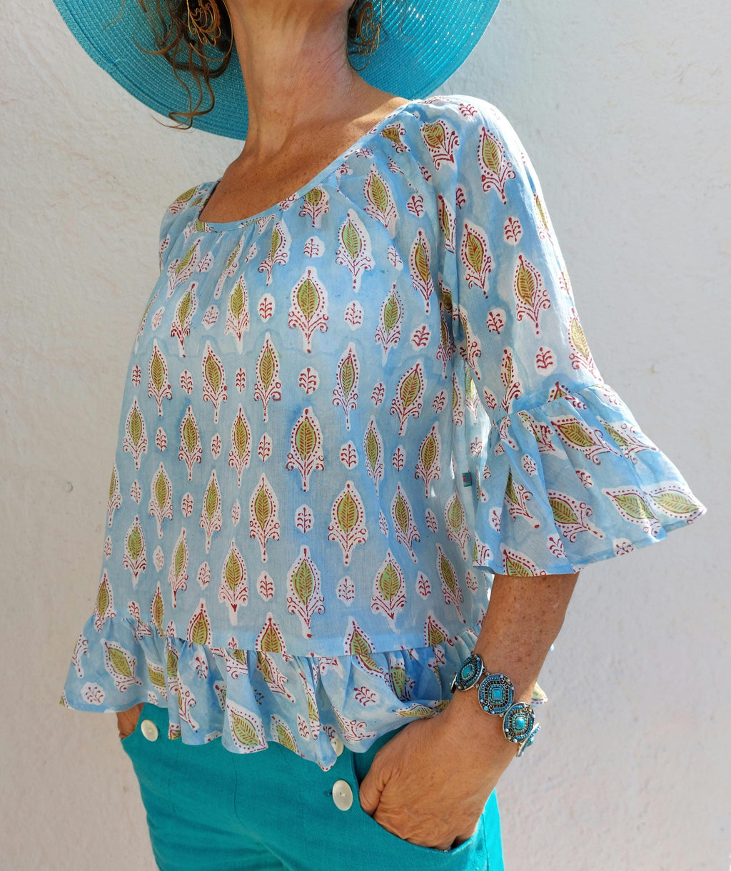 ruffles top in soft cotton,hand block printed,blue color,bohochic summer outfit,casual wear,limited series,round neckline