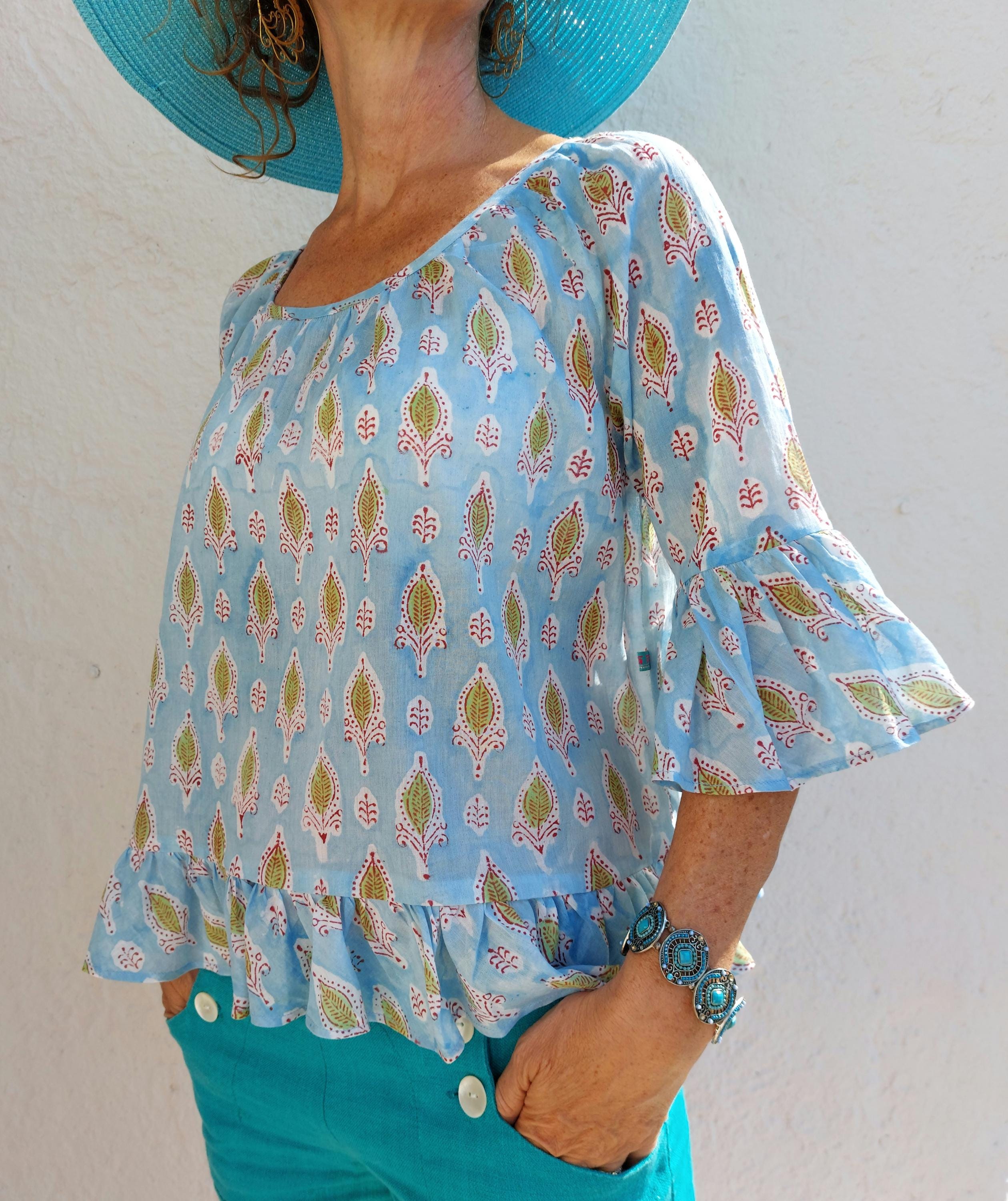 ruffles top in soft cotton,hand block printed,blue color,bohochic summer outfit,casual wear,limited series,round neckline