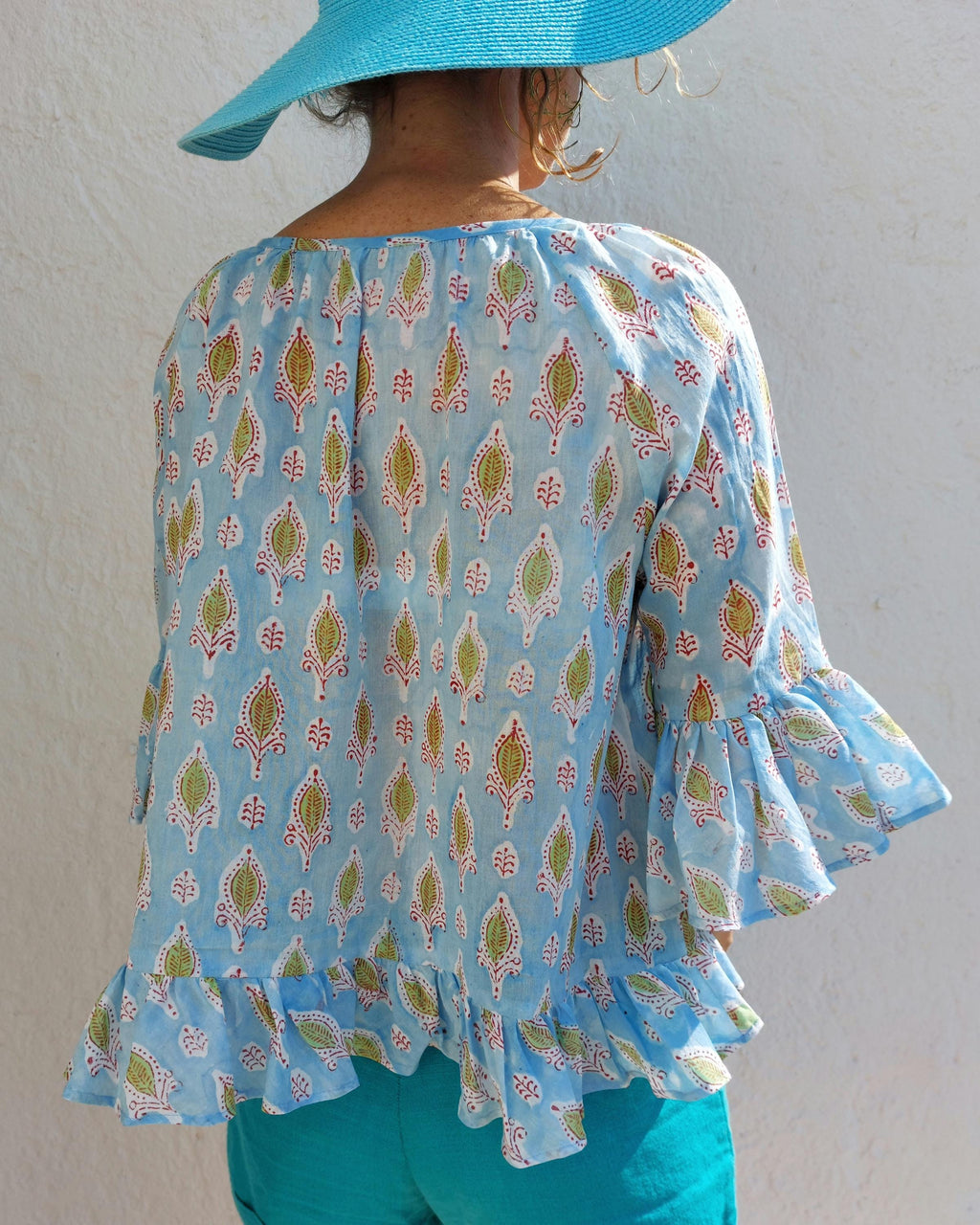 ruffles top in soft cotton,hand block printed,blue color,bohochic summer outfit,casual wear,limited series,round neckline