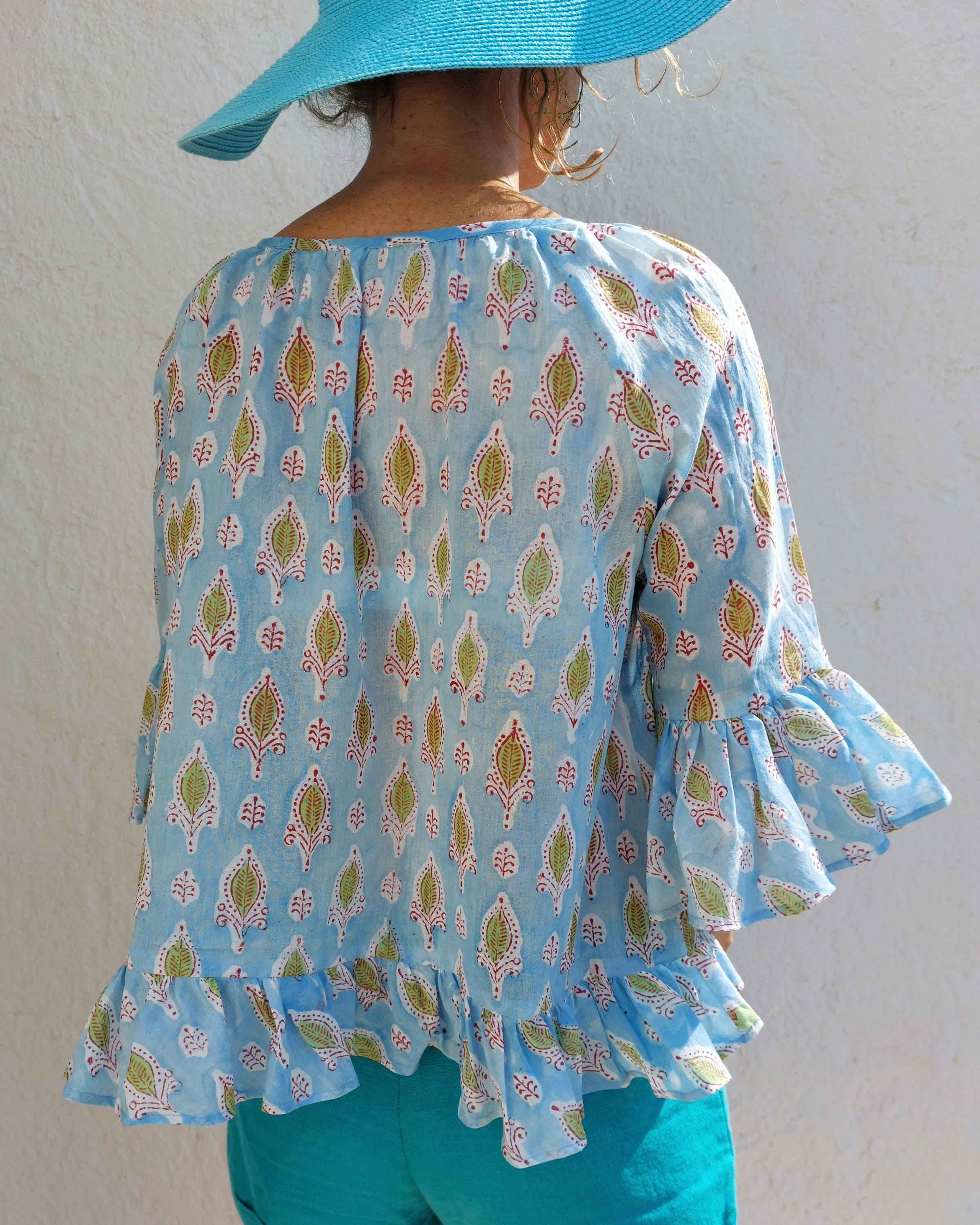ruffles top in soft cotton,hand block printed,blue color,bohochic summer outfit,casual wear,limited series,round neckline