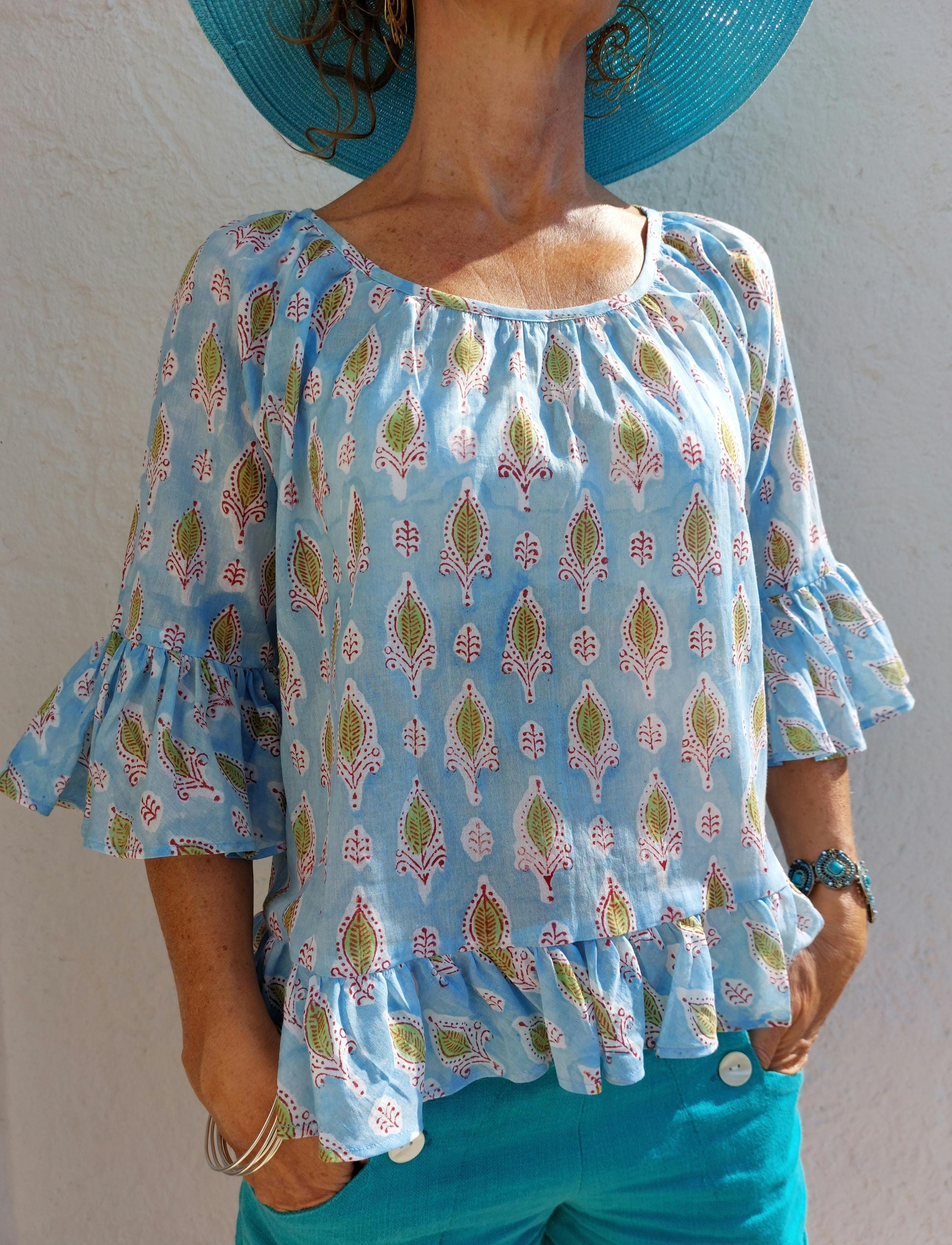 ruffles top in soft cotton,hand block printed,blue color,bohochic summer outfit,casual wear,limited series,round neckline