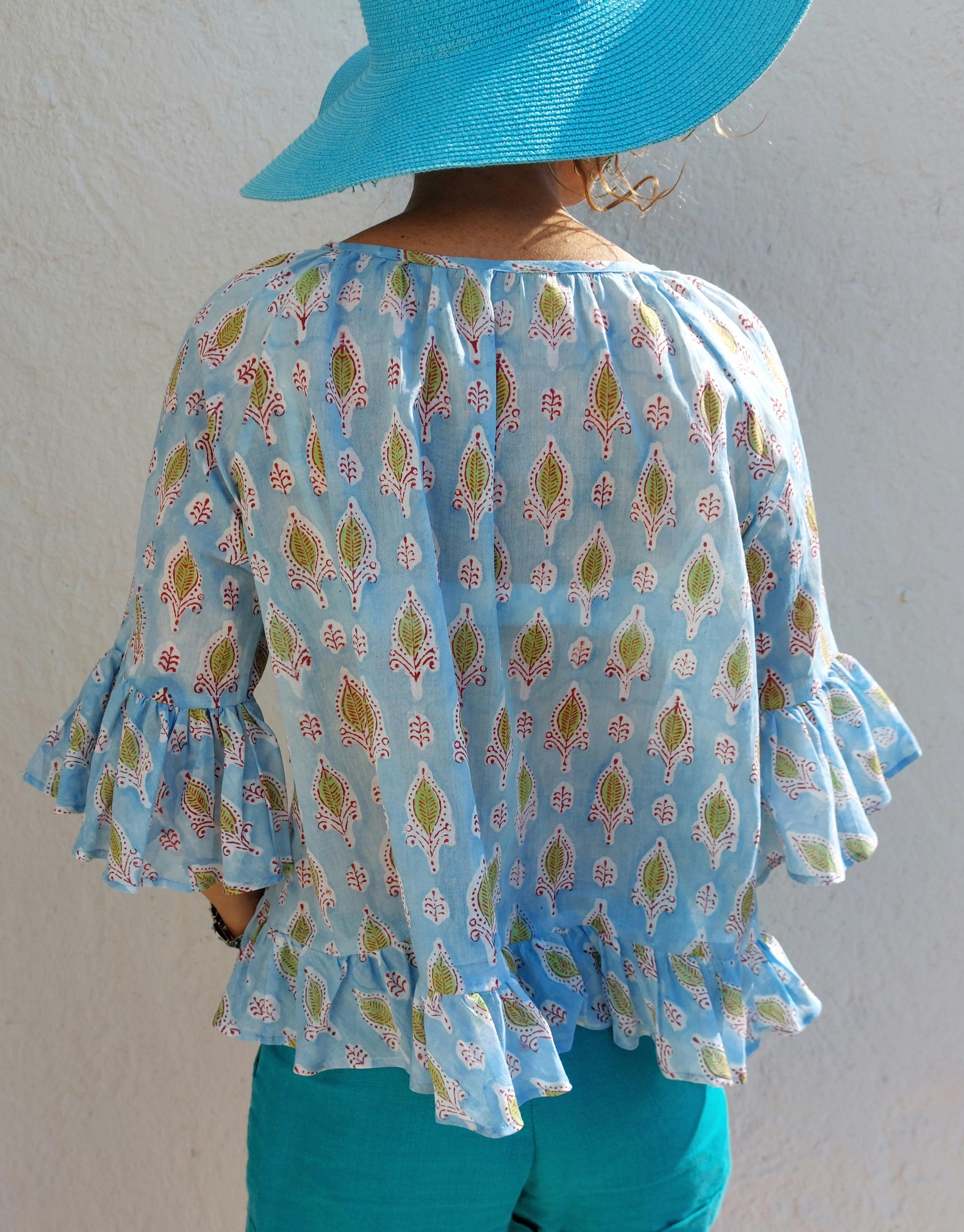 ruffles top in soft cotton,hand block printed,blue color,bohochic summer outfit,casual wear,limited series,round neckline