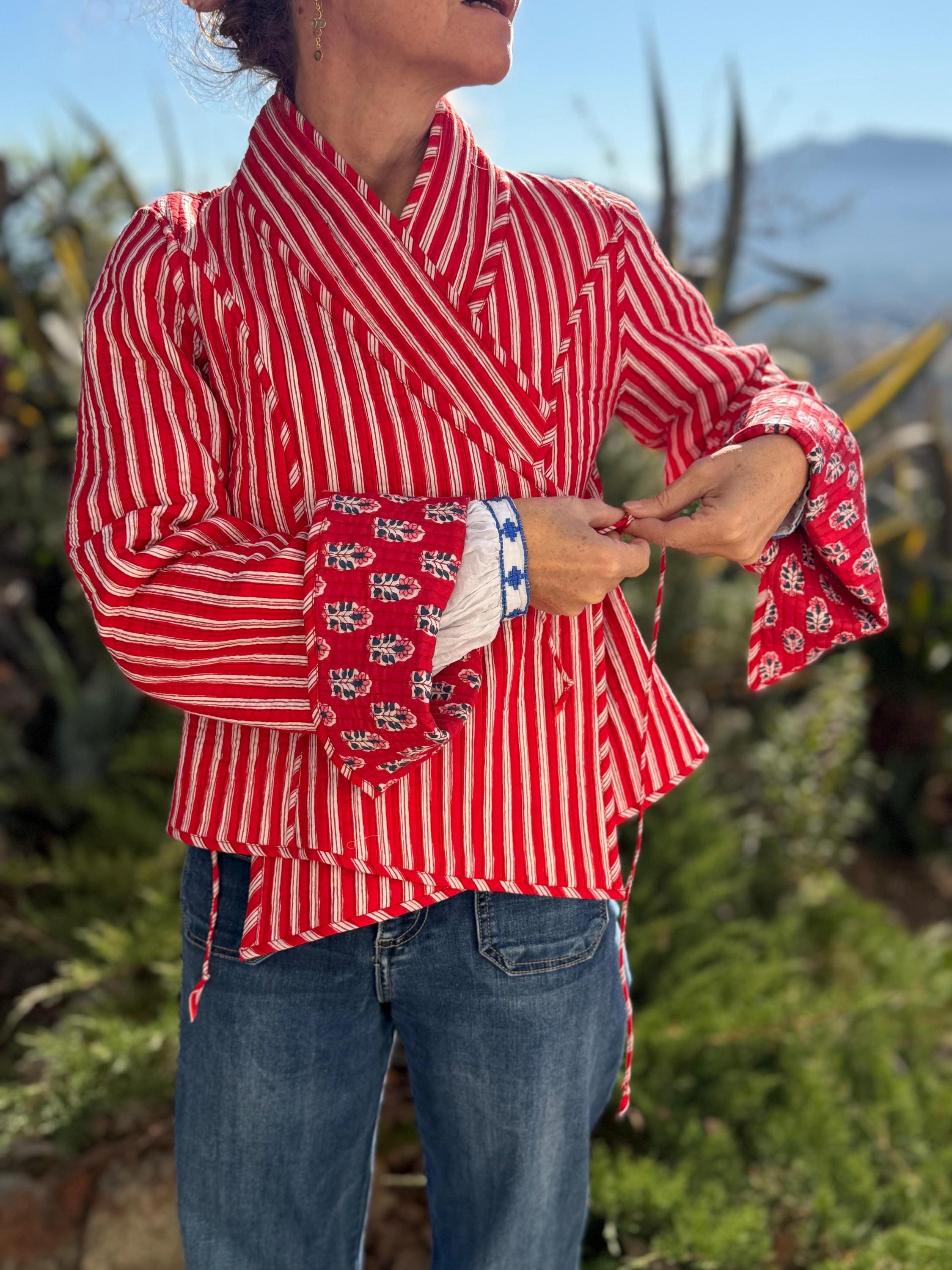 reversible crossed jacket in quilted cotton,red color print and red stripes inside,winter jacket,long flared sleeves,hippiechic outerwear