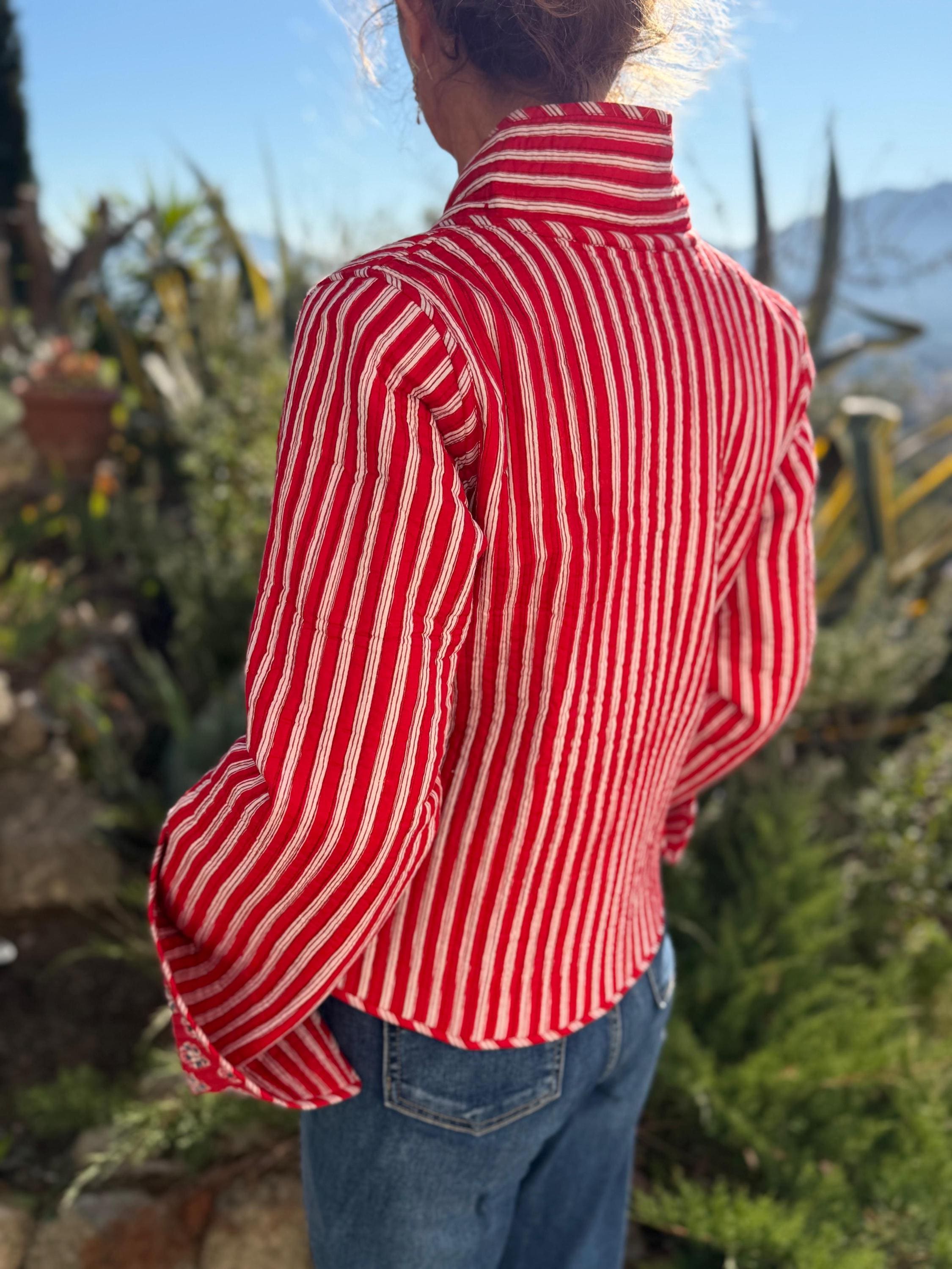 reversible crossed jacket in quilted cotton,red color print and red stripes inside,winter jacket,long flared sleeves,hippiechic outerwear