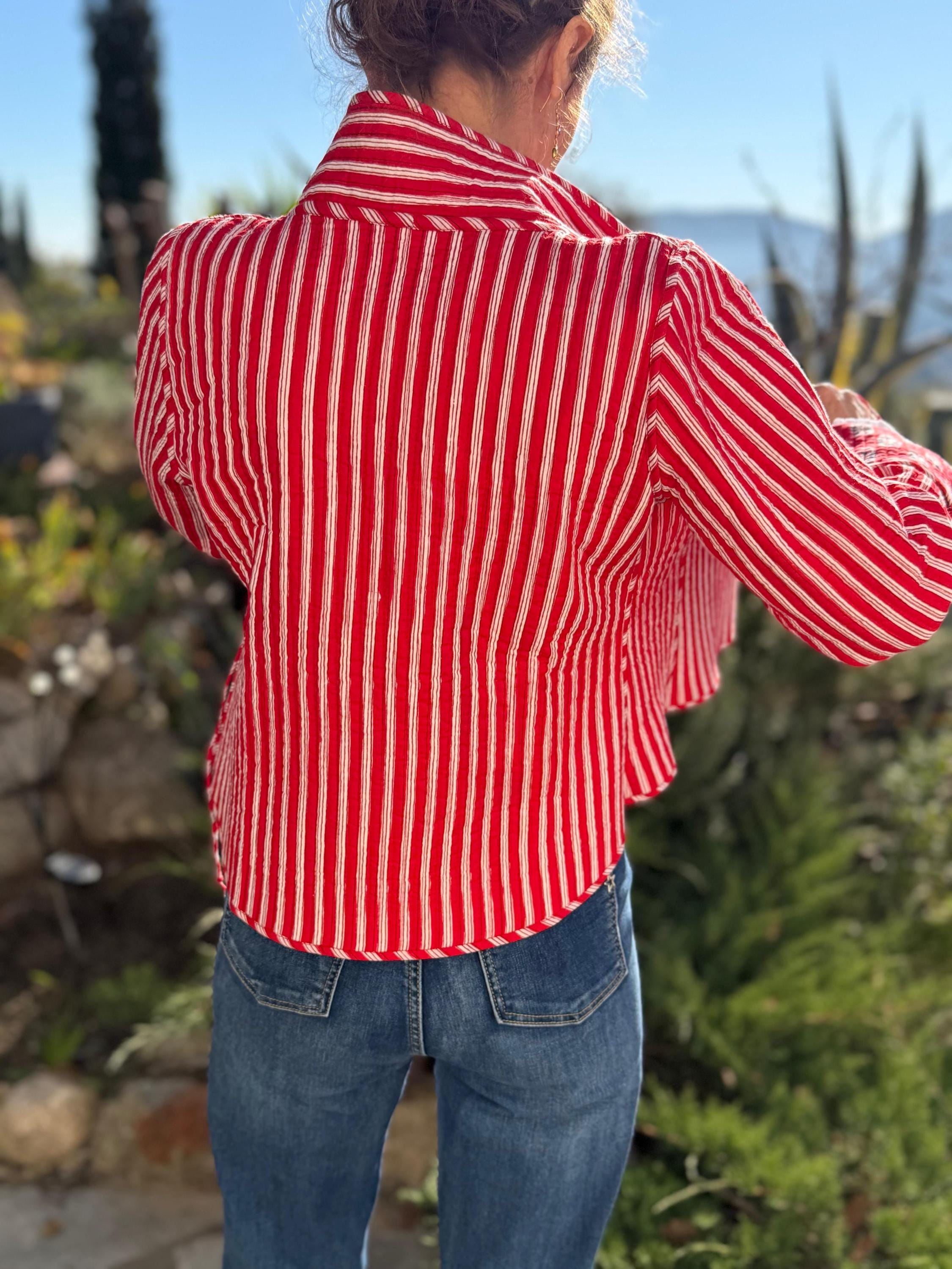 reversible crossed jacket in quilted cotton,red color print and red stripes inside,winter jacket,long flared sleeves,hippiechic outerwear