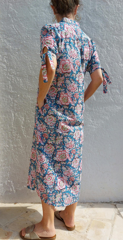 Turquoise Red Floral Cotton Maxi Dress, Hand Block Printed Long Summer Dress, Bohemian Chic Outfit, Lightweight Cotton Resort Wear