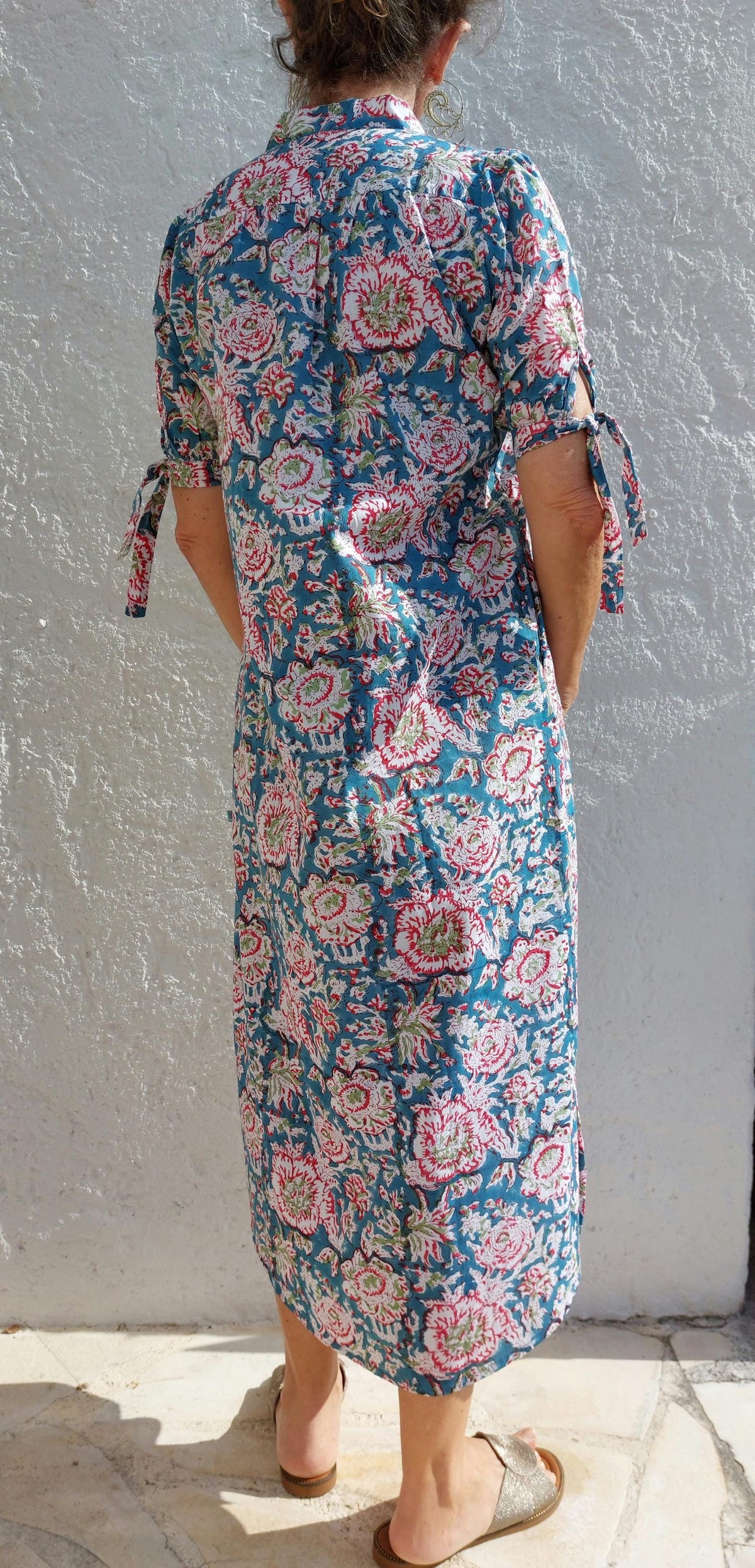 Turquoise Red Floral Cotton Maxi Dress, Hand Block Printed Long Summer Dress, Bohemian Chic Outfit, Lightweight Cotton Resort Wear