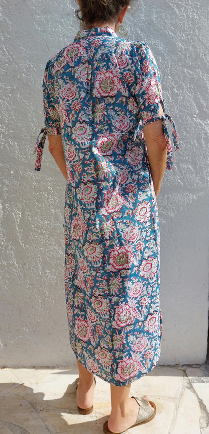Turquoise Red Floral Cotton Maxi Dress, Hand Block Printed Long Summer Dress, Bohemian Chic Outfit, Lightweight Cotton Resort Wear