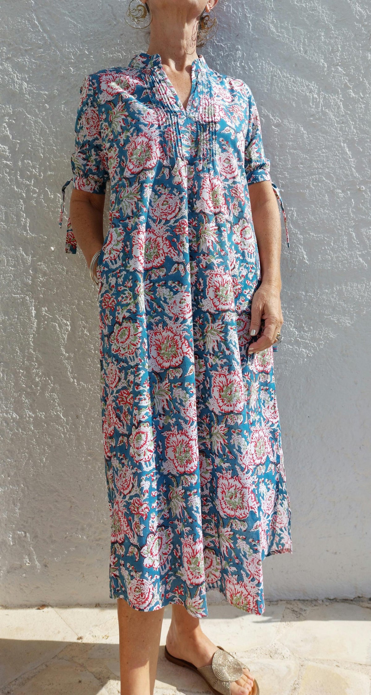 Turquoise Red Floral Cotton Maxi Dress, Hand Block Printed Long Summer Dress, Bohemian Chic Outfit, Lightweight Cotton Resort Wear
