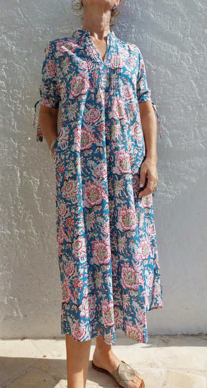 Turquoise Red Floral Cotton Maxi Dress, Hand Block Printed Long Summer Dress, Bohemian Chic Outfit, Lightweight Cotton Resort Wear