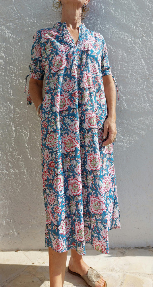 Turquoise Red Floral Cotton Maxi Dress, Hand Block Printed Long Summer Dress, Bohemian Chic Outfit, Lightweight Cotton Resort Wear