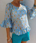 ruffles top in soft cotton,hand block printed,blue color,bohochic summer outfit,casual wear,limited series,round neckline