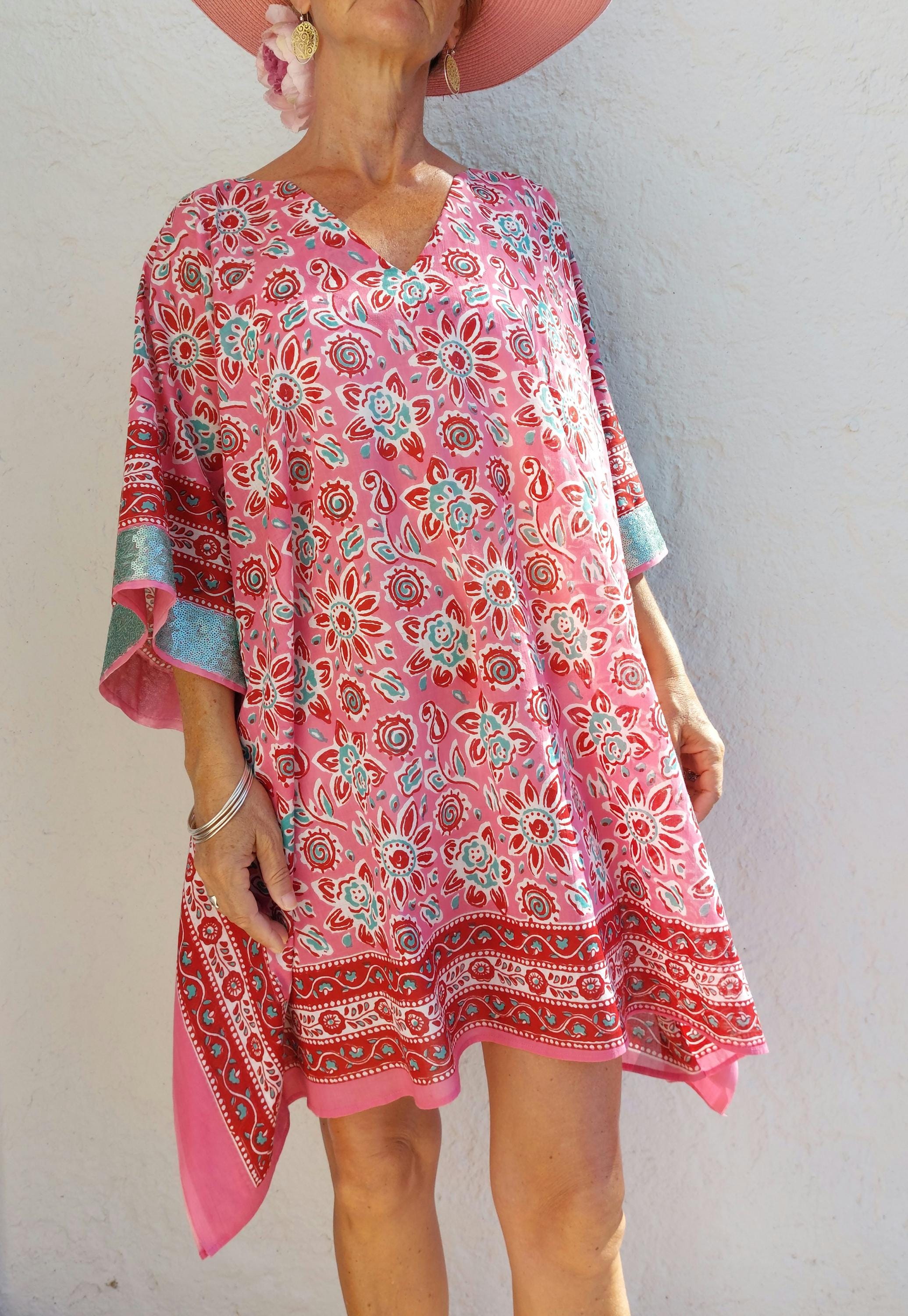short kaftan in soft cotton,beach cover-up,pool party hippie chic dress,summer outfit,V neckline,one of a kind summer poncho.