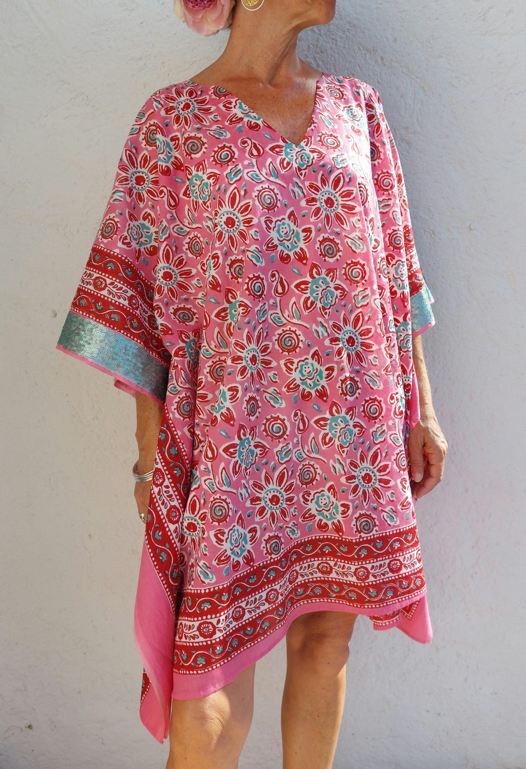 short kaftan in soft cotton,beach cover-up,pool party hippie chic dress,summer outfit,V neckline,one of a kind summer poncho.
