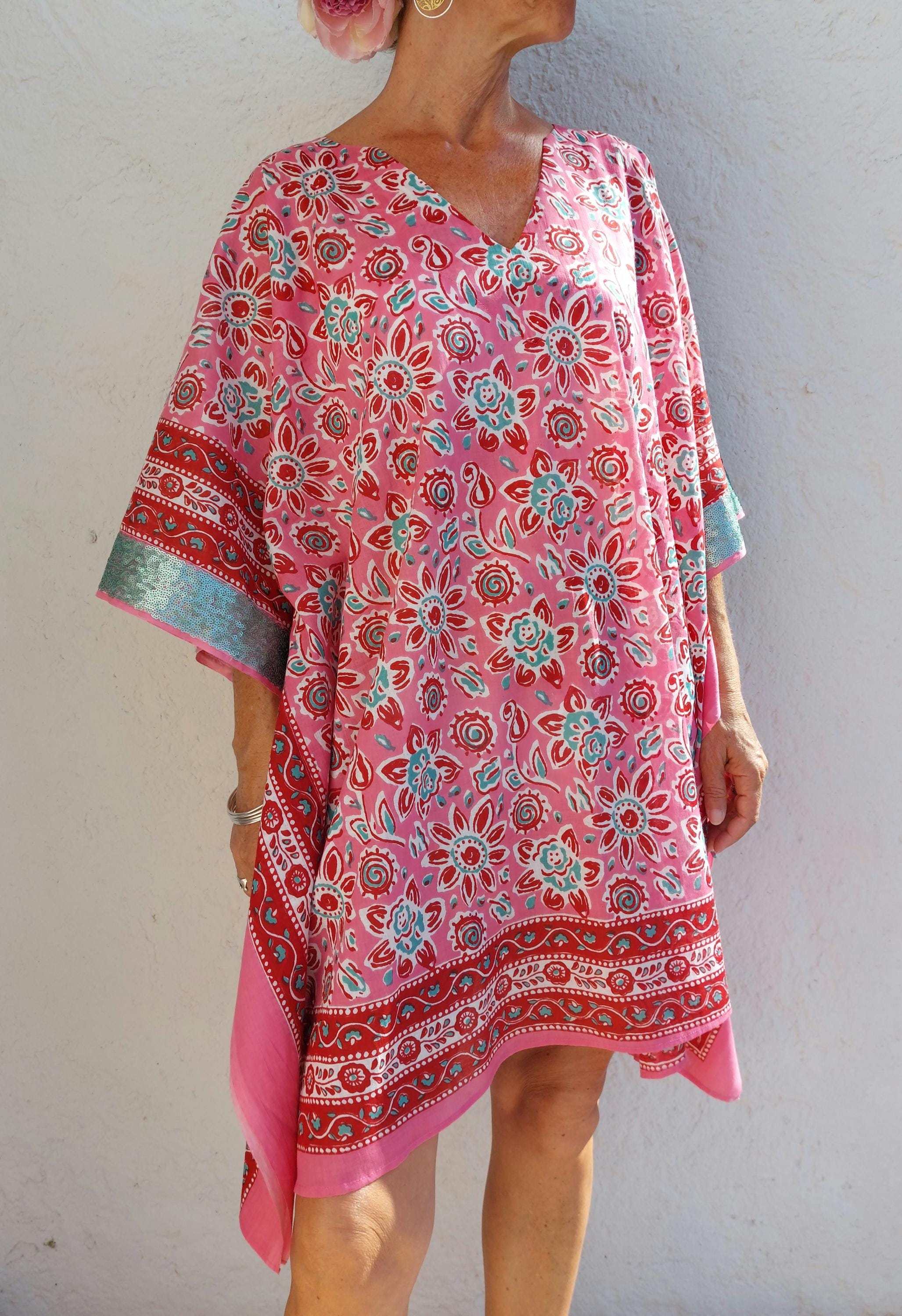 short kaftan in soft cotton,beach cover-up,pool party hippie chic dress,summer outfit,V neckline,one of a kind summer poncho.