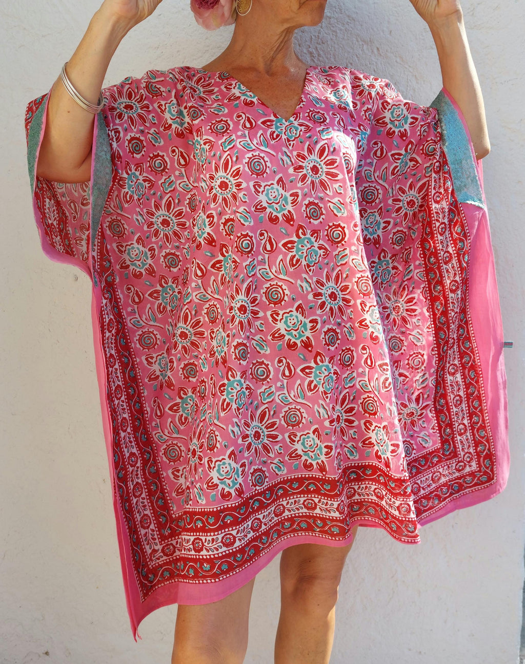 short kaftan in soft cotton,beach cover-up,pool party hippie chic dress,summer outfit,V neckline,one of a kind summer poncho.