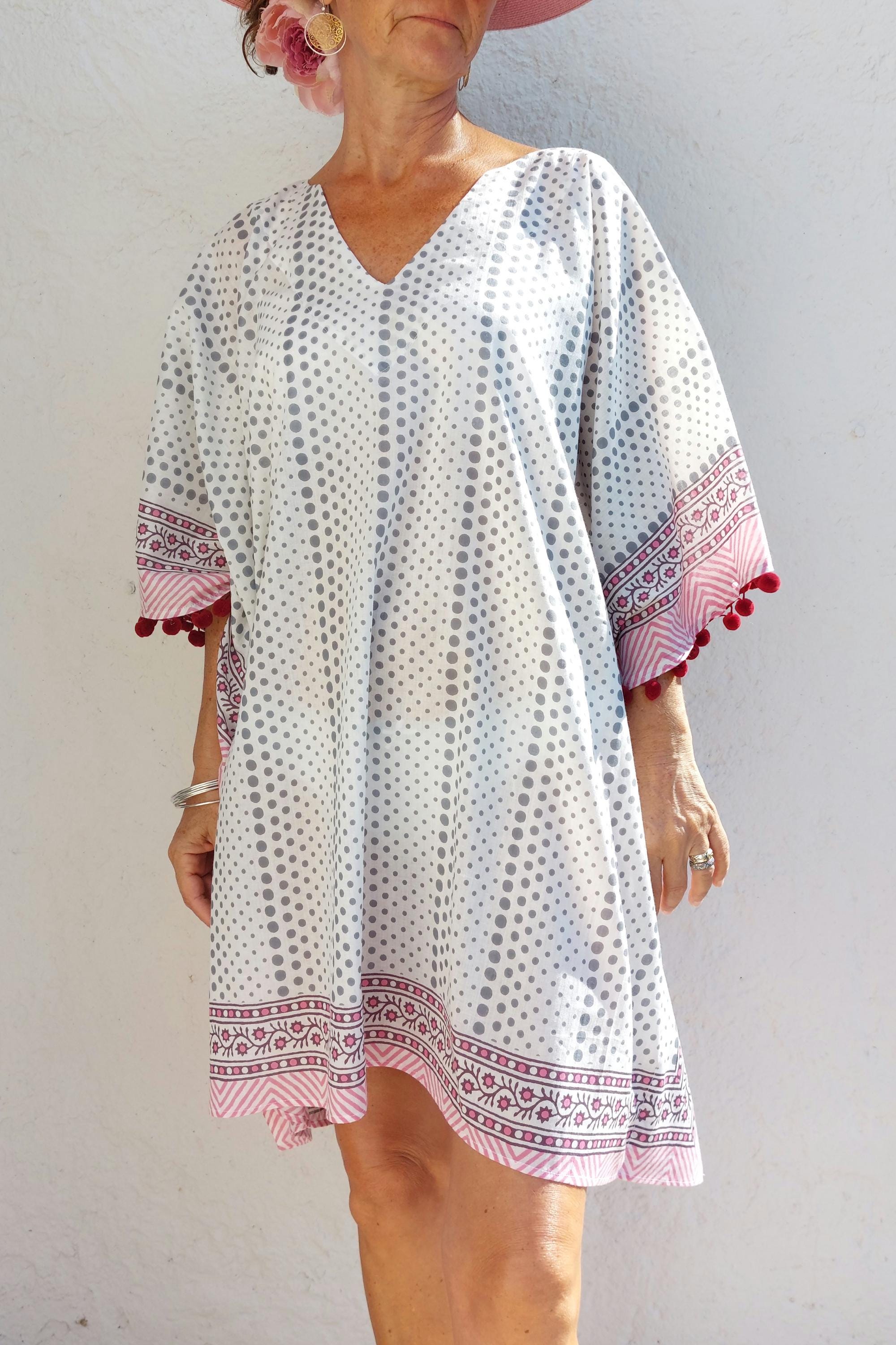 short kaftan in soft cotton,beach cover-up,pool party hippie chic dress,summer outfit,V neckline,one of a kind summer poncho.