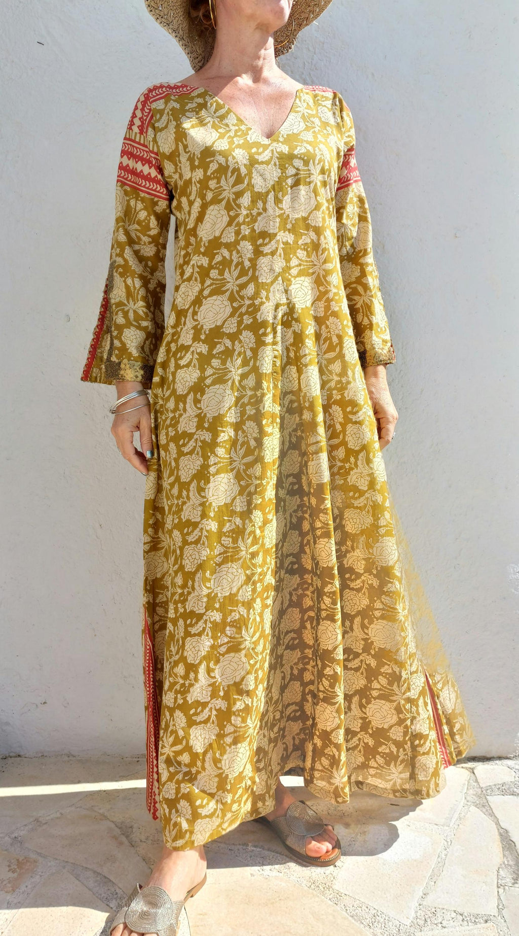 long kaftan in soft cotton,in the shades of mustard beige rusty colors,old gold sequins lace finishing on sleeves,boho chic summer outfit