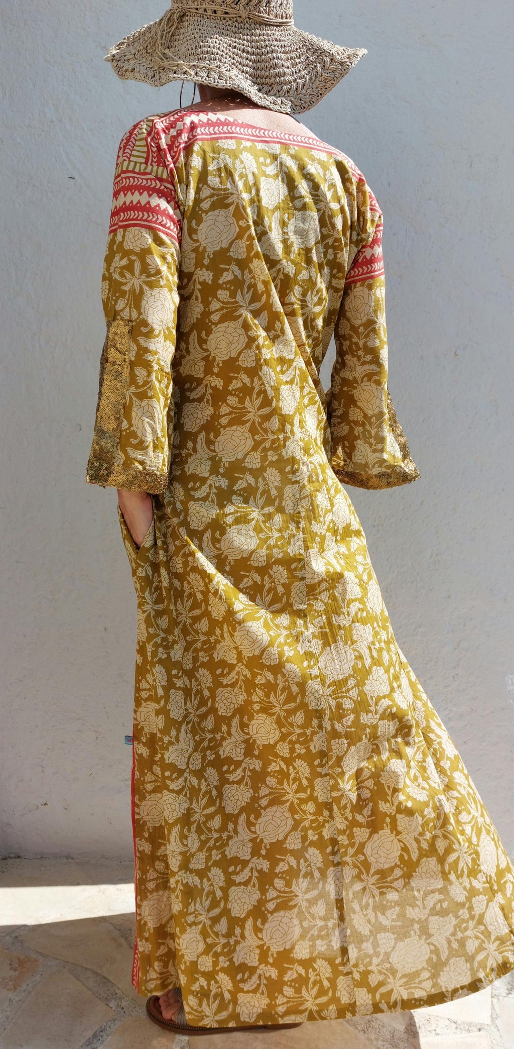 long kaftan in soft cotton,in the shades of mustard beige rusty colors,old gold sequins lace finishing on sleeves,boho chic summer outfit