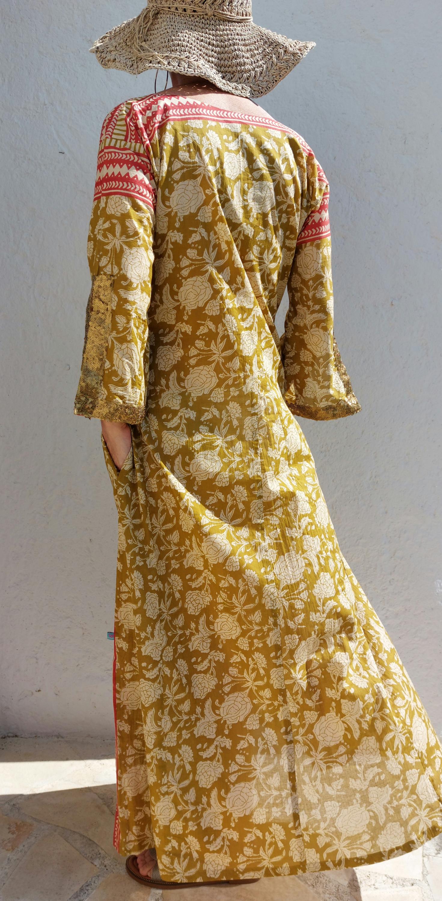 long kaftan in soft cotton,in the shades of mustard beige rusty colors,old gold sequins lace finishing on sleeves,boho chic summer outfit
