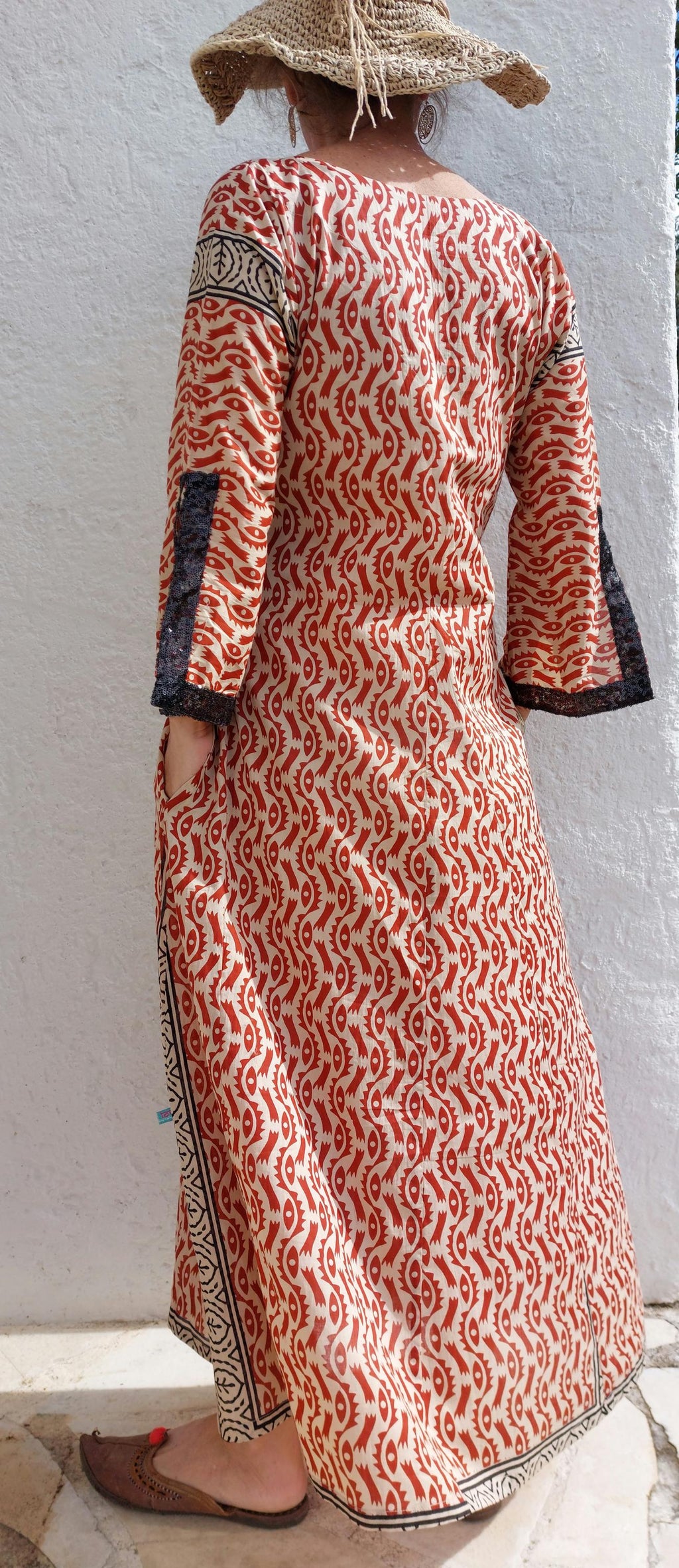 long kaftan dress in soft cotton, beige and rusty colors,made from a sarong,boheme chic summer outfit,black sequins lace finishing sleeves