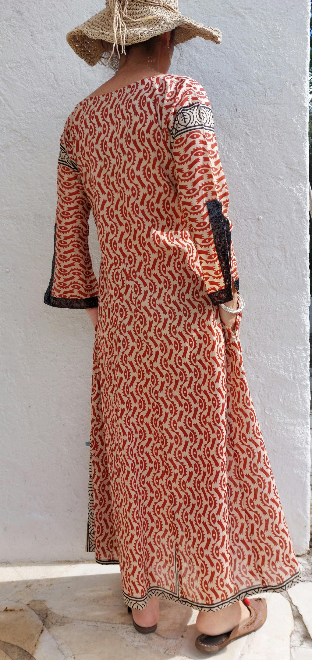long kaftan dress in soft cotton, beige and rusty colors,made from a sarong,boheme chic summer outfit,black sequins lace finishing sleeves