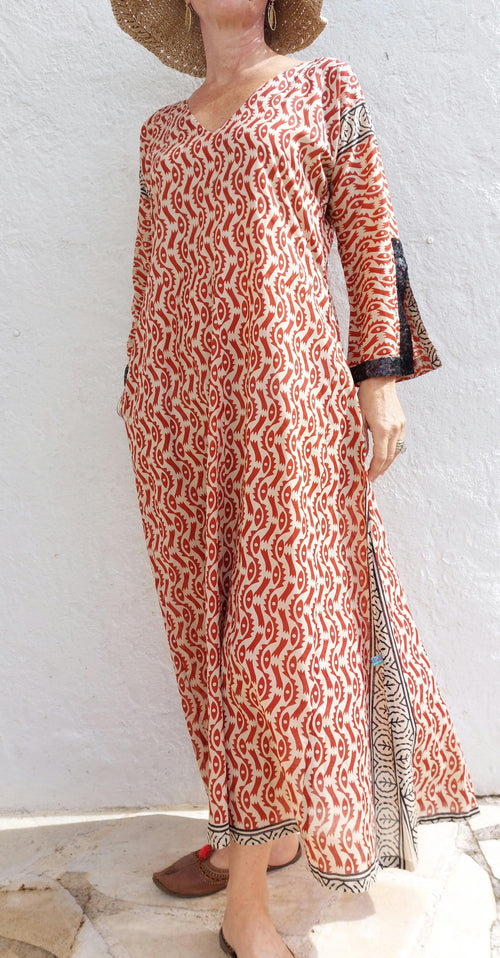 long kaftan dress in soft cotton, beige and rusty colors,made from a sarong,boheme chic summer outfit,black sequins lace finishing sleeves