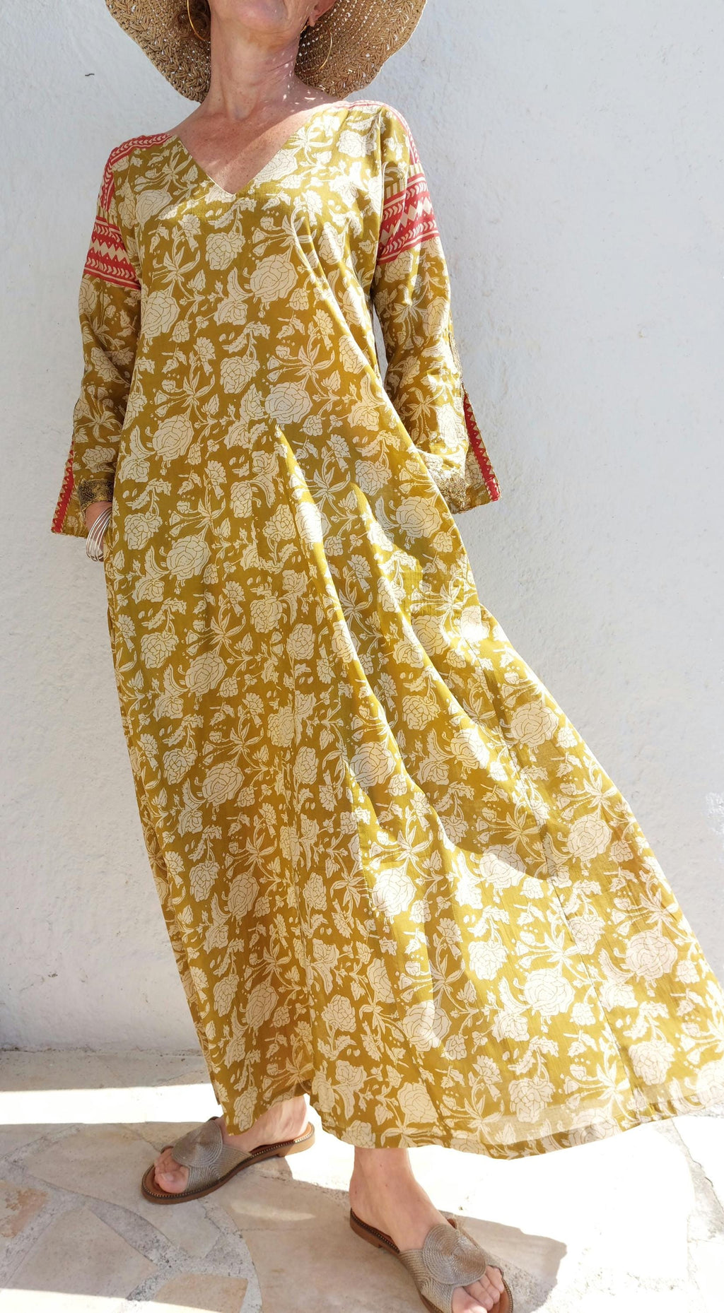 long kaftan in soft cotton,in the shades of mustard beige rusty colors,old gold sequins lace finishing on sleeves,boho chic summer outfit