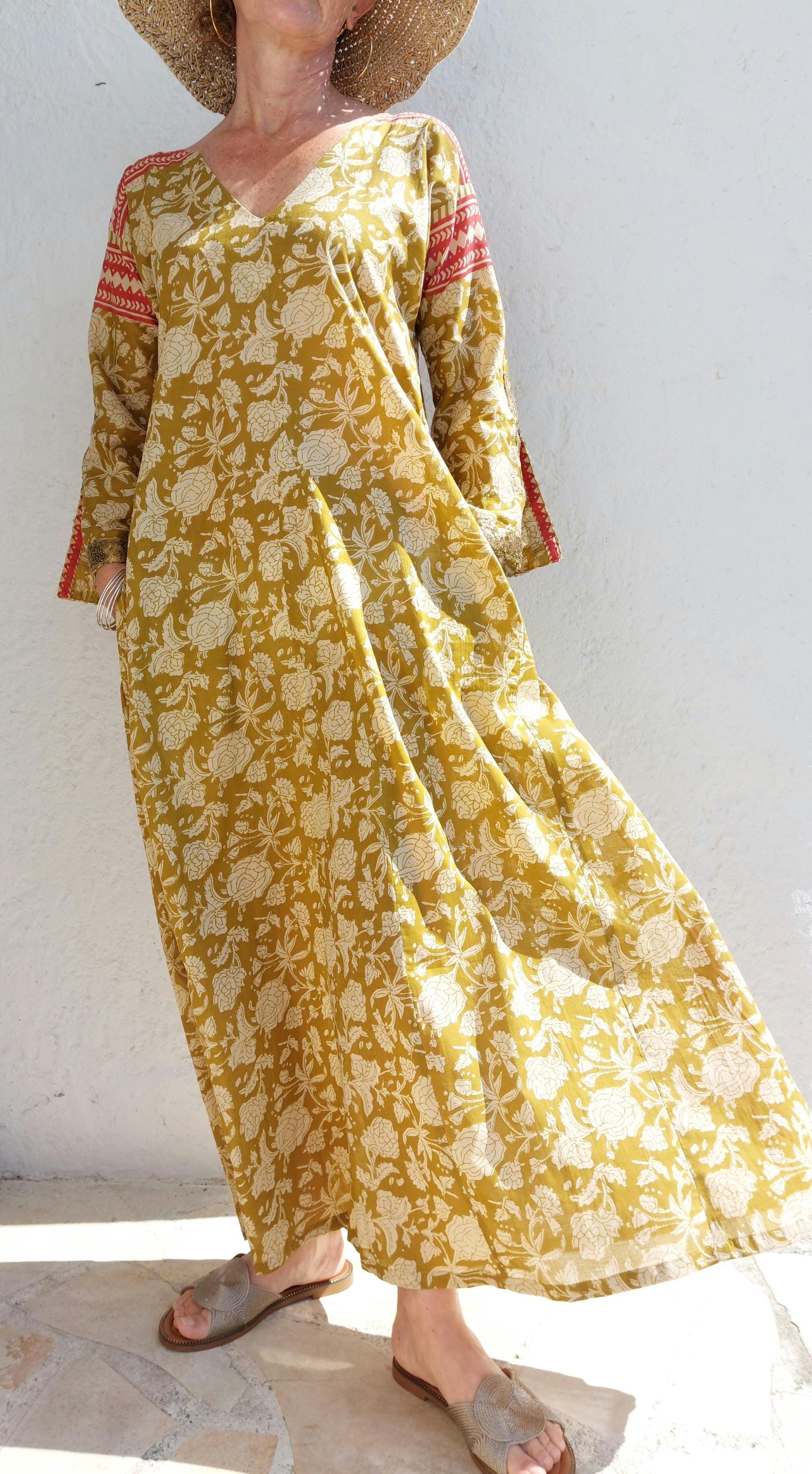 long kaftan in soft cotton,in the shades of mustard beige rusty colors,old gold sequins lace finishing on sleeves,boho chic summer outfit