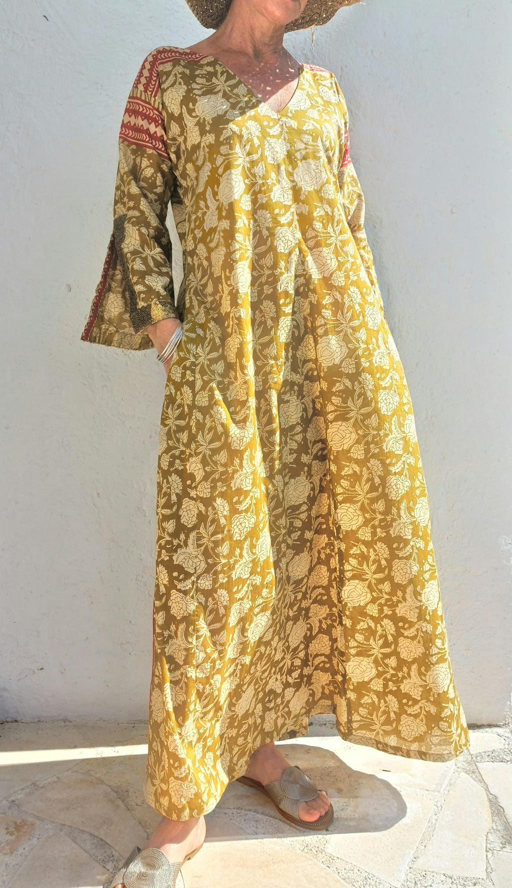 long kaftan in soft cotton,in the shades of mustard beige rusty colors,old gold sequins lace finishing on sleeves,boho chic summer outfit