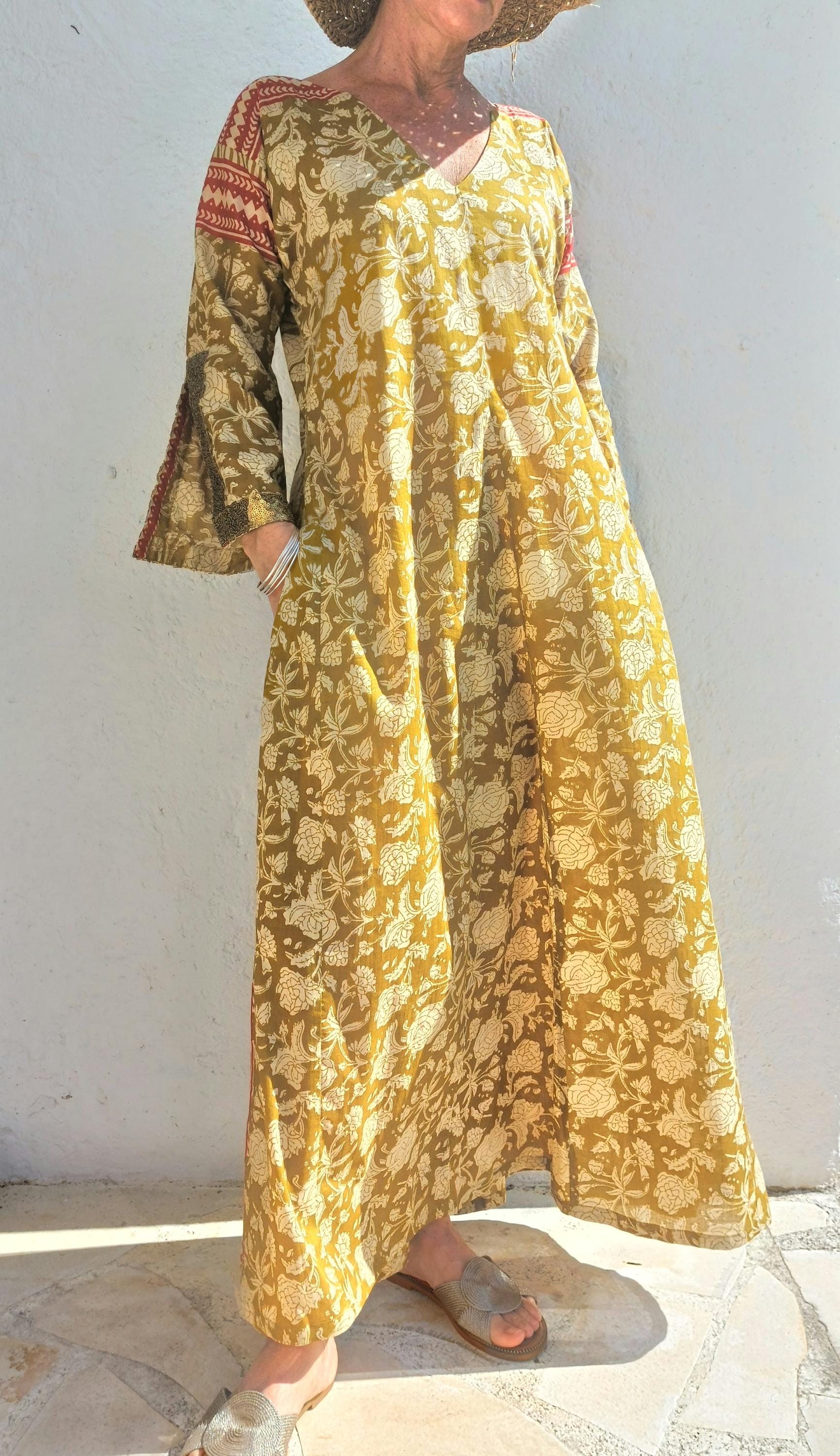 long kaftan in soft cotton,in the shades of mustard beige rusty colors,old gold sequins lace finishing on sleeves,boho chic summer outfit