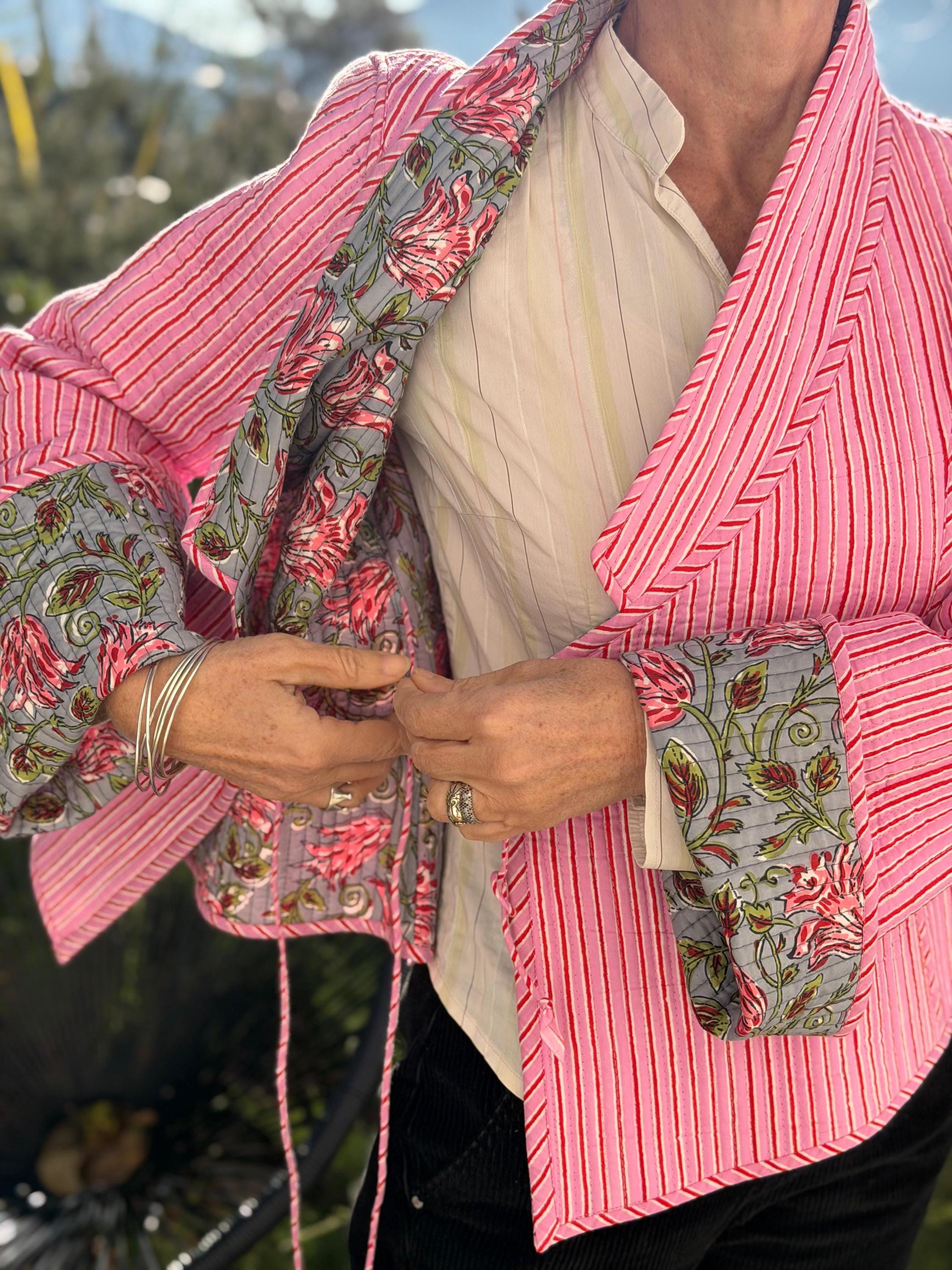 winter reversible crossed jacket in quilted cotton, grey and pink colors print and pink stripes,hippiechic crossed outerwear,flared sleeves