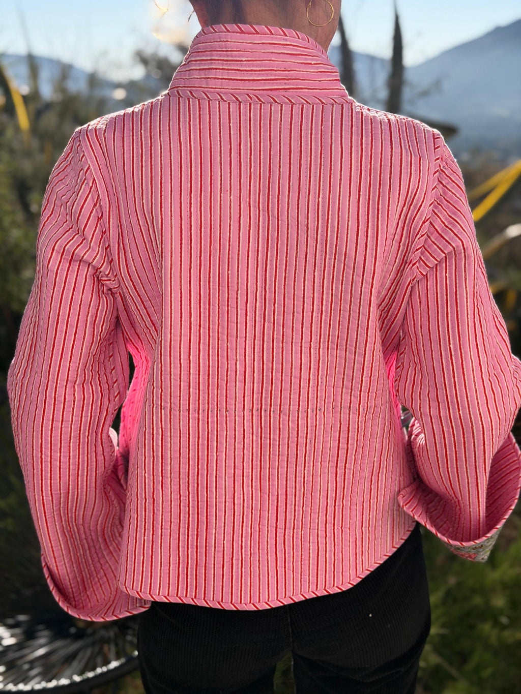 winter reversible crossed jacket in quilted cotton, grey and pink colors print and pink stripes,hippiechic crossed outerwear,flared sleeves