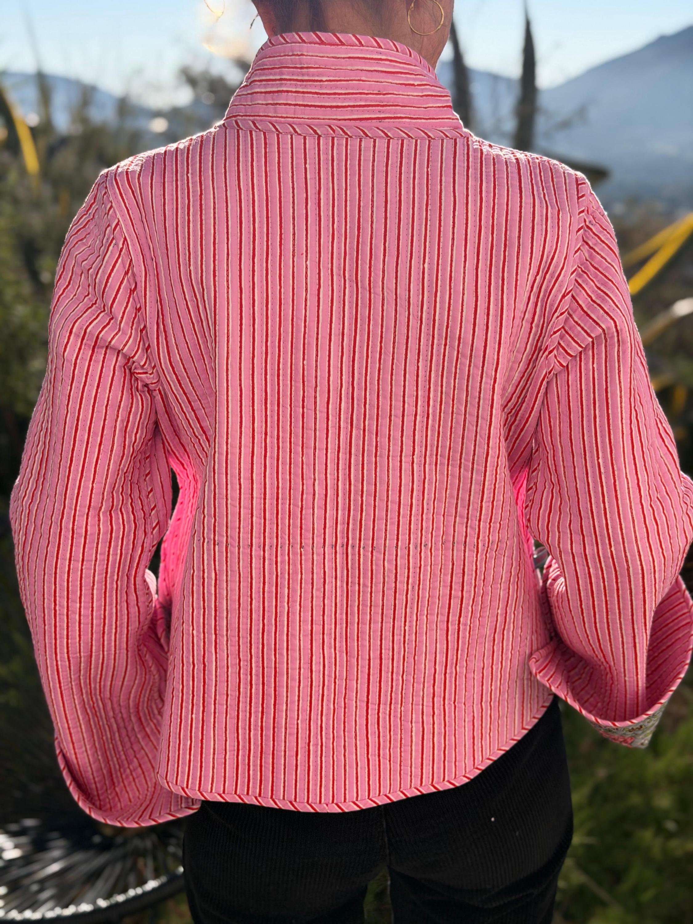 winter reversible crossed jacket in quilted cotton, grey and pink colors print and pink stripes,hippiechic crossed outerwear,flared sleeves
