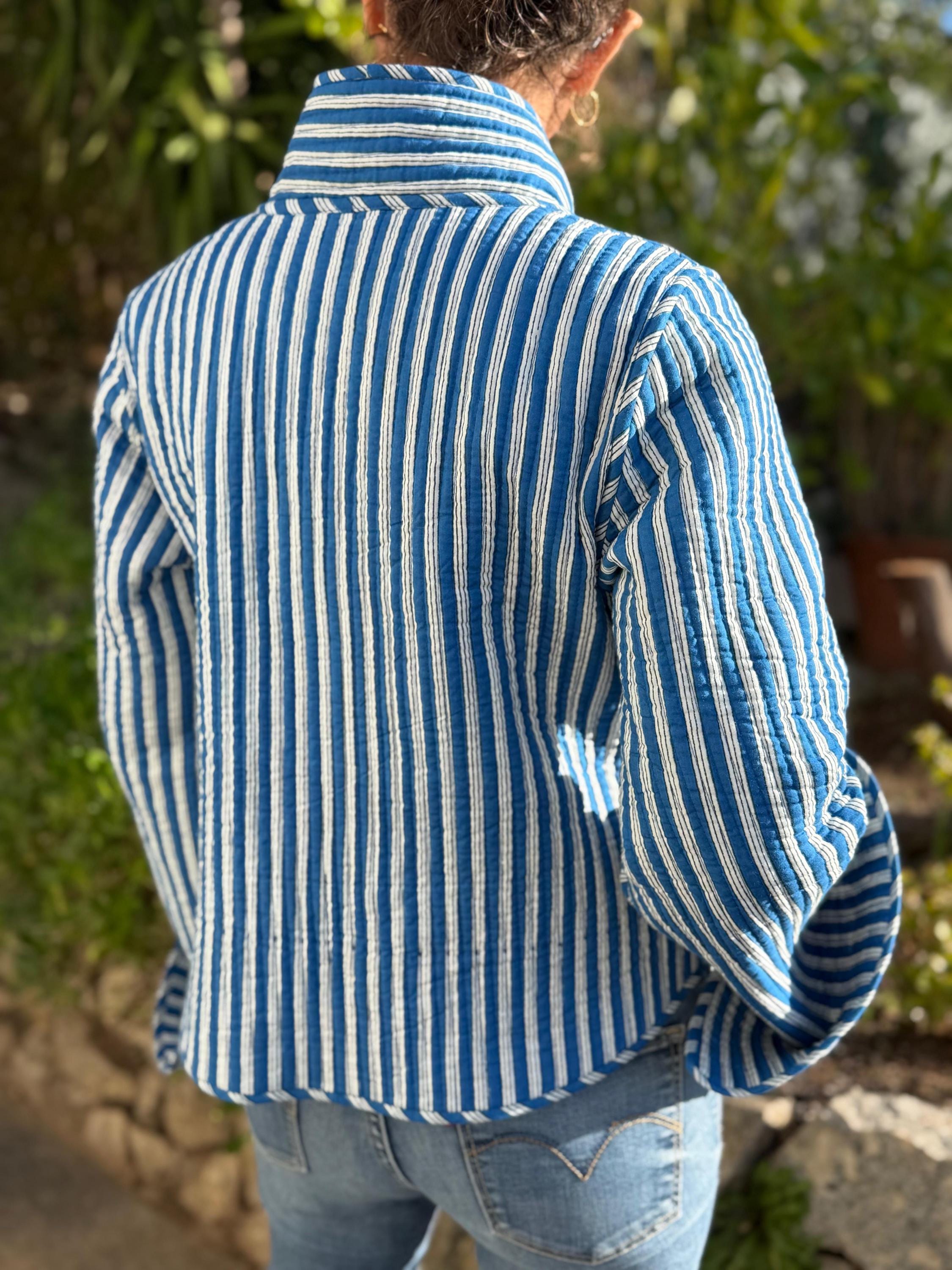 reversible winter jacket in quilted cotton,blue floral print and blue stripes ,long flared sleeves with large cuffs,hippiechic outerwear