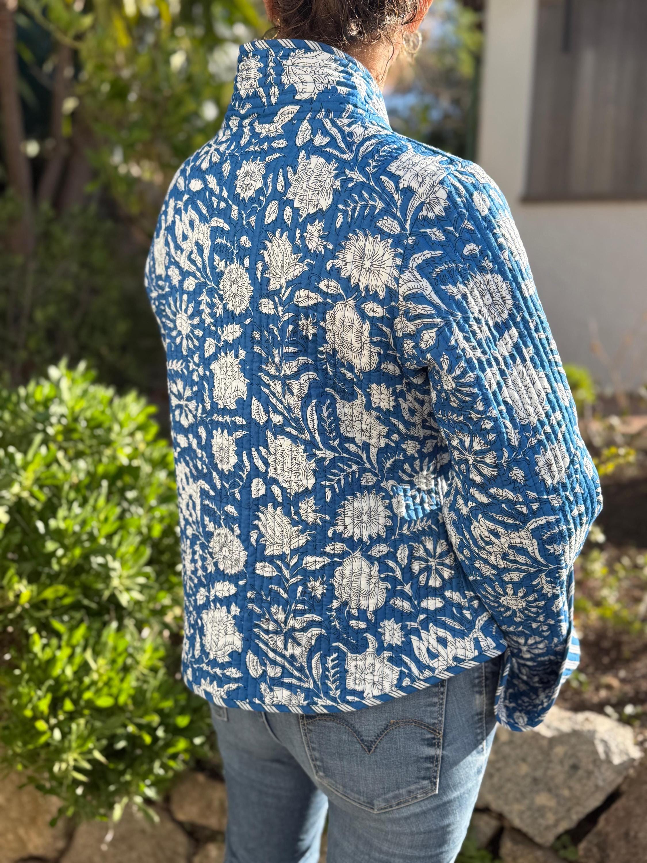 reversible winter jacket in quilted cotton,blue floral print and blue stripes ,long flared sleeves with large cuffs,hippiechic outerwear